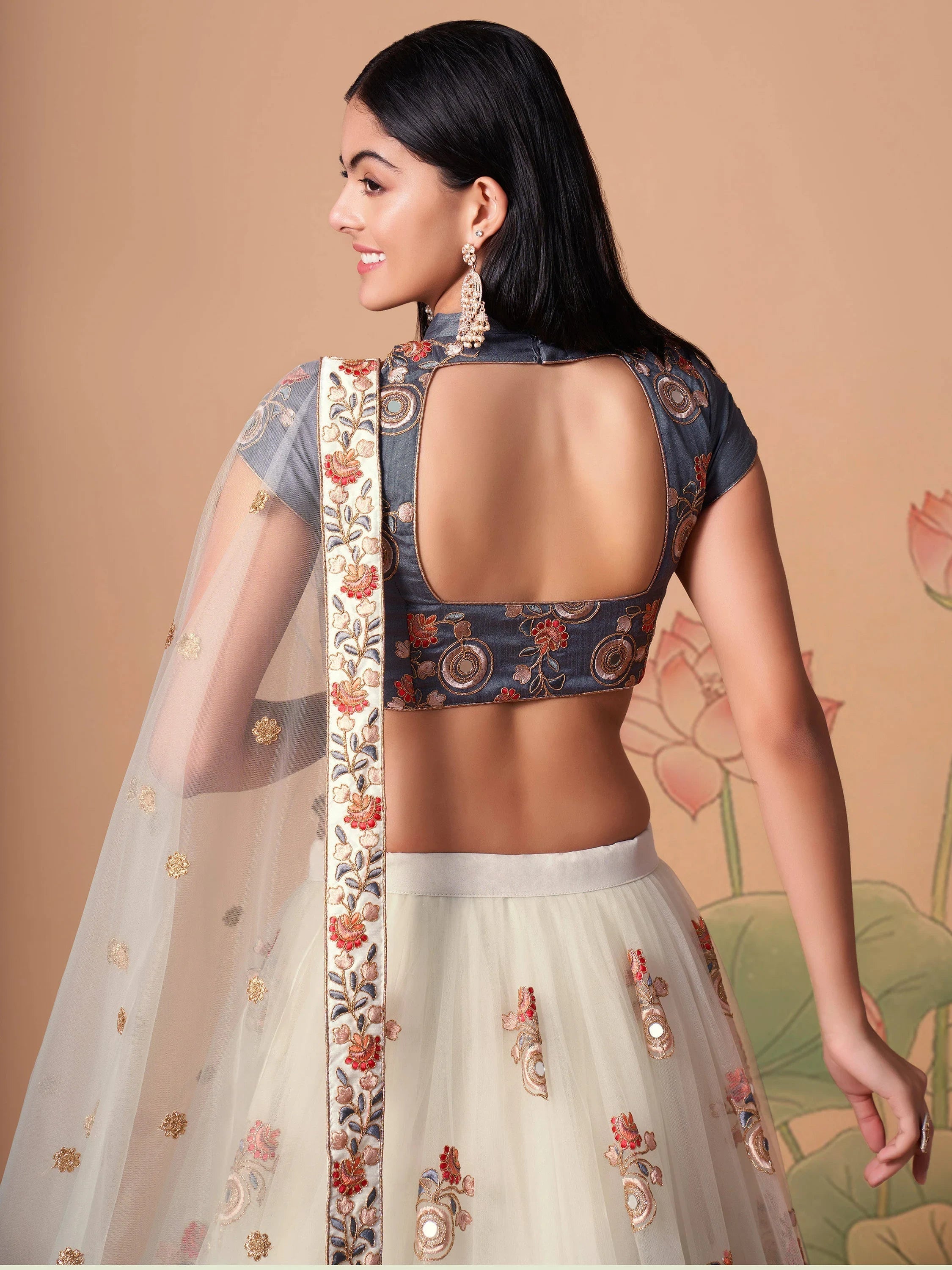 Ivory Embroidered Net Party Lehenga Choli Occasion Wear