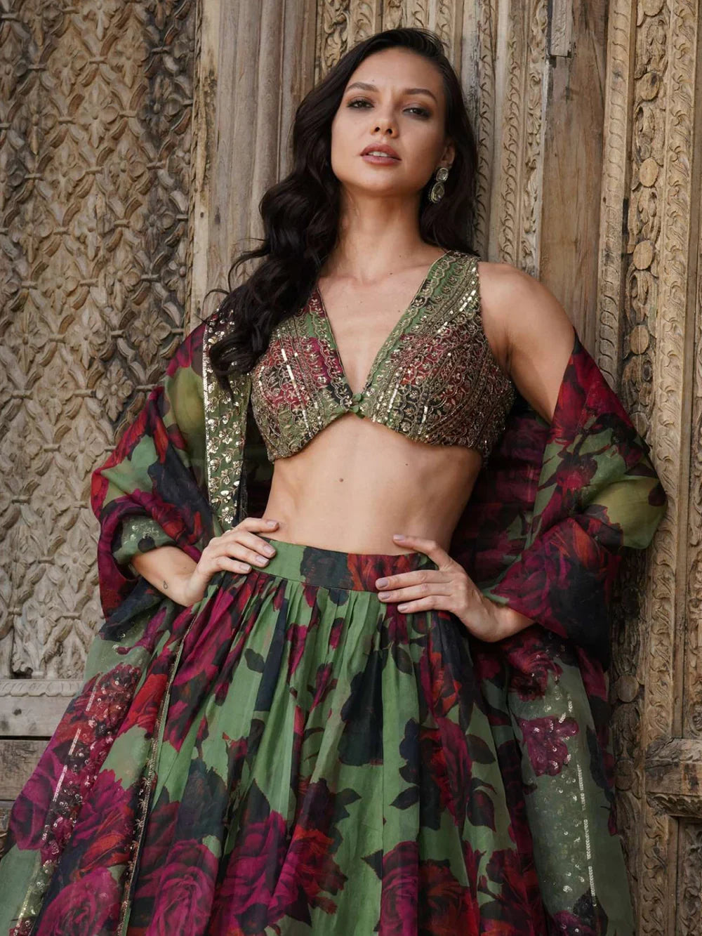 Green Tantalizing Floral Printed Organza Mehendi Wear Lehenga Choli for Women