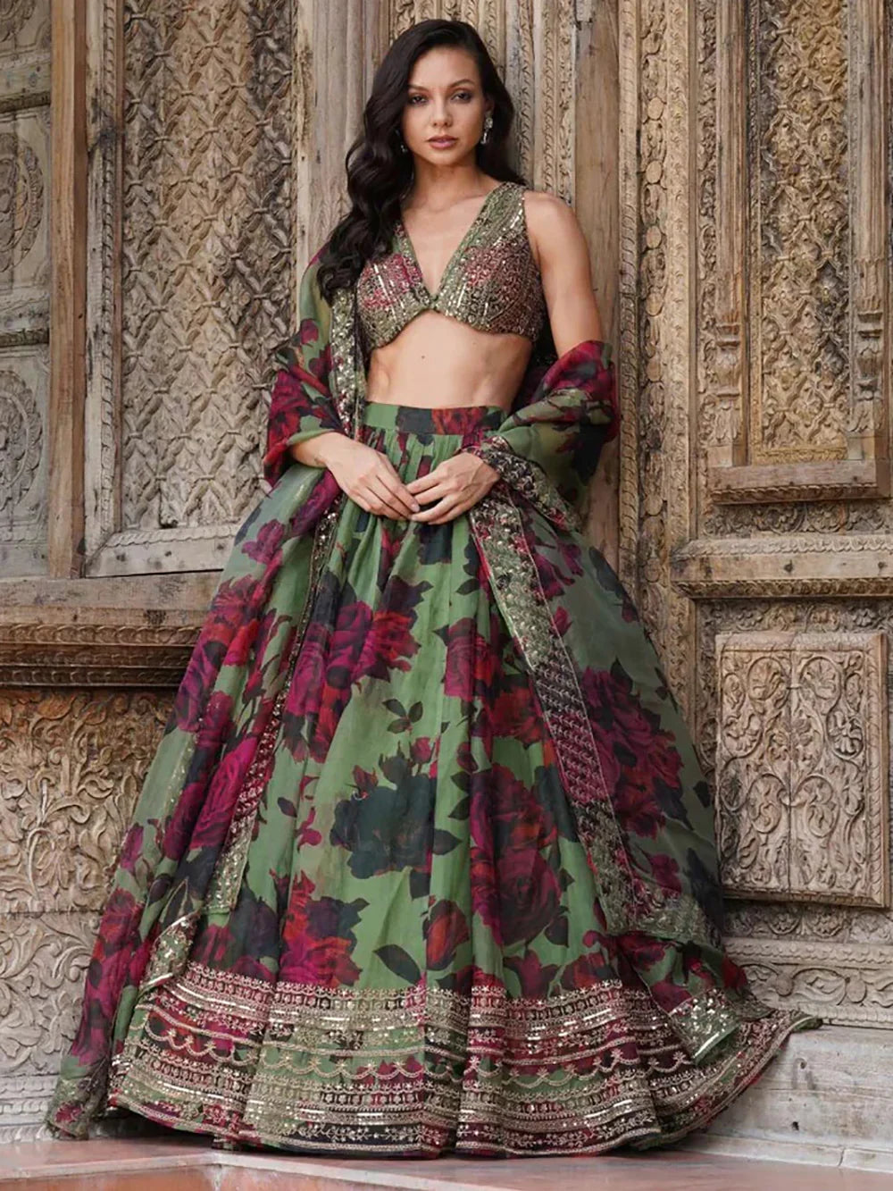 Green Tantalizing Floral Printed Organza Mehendi Wear Lehenga Choli for Women