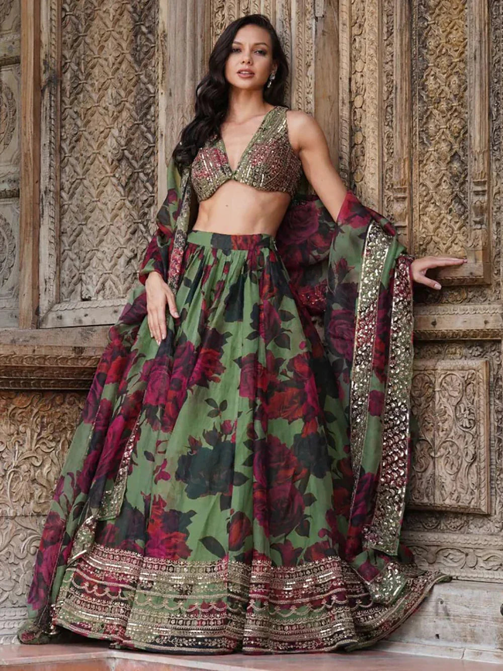 Green Tantalizing Floral Printed Organza Mehendi Wear Lehenga Choli for Women