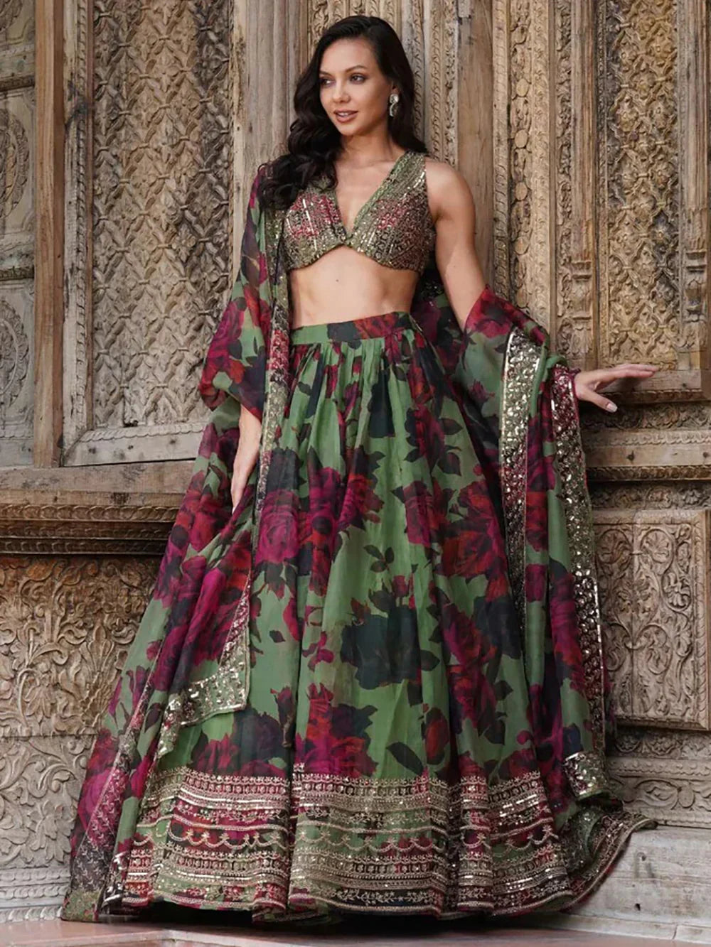 Green Tantalizing Floral Printed Organza Mehendi Wear Lehenga Choli for Women