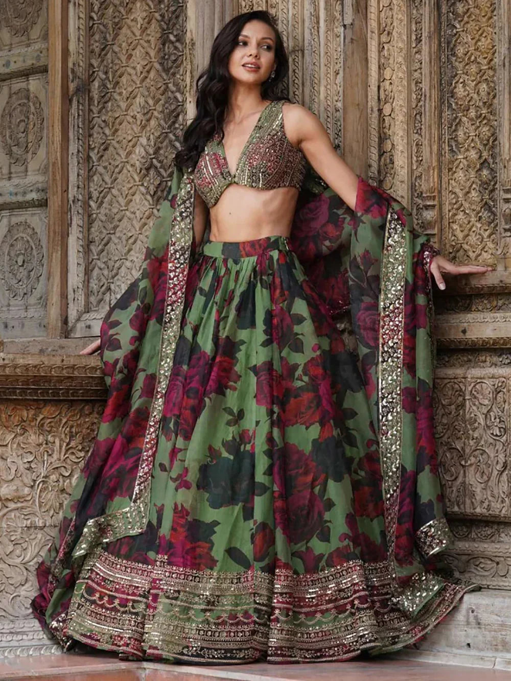 Green Tantalizing Floral Printed Organza Mehendi Wear Lehenga Choli for Women