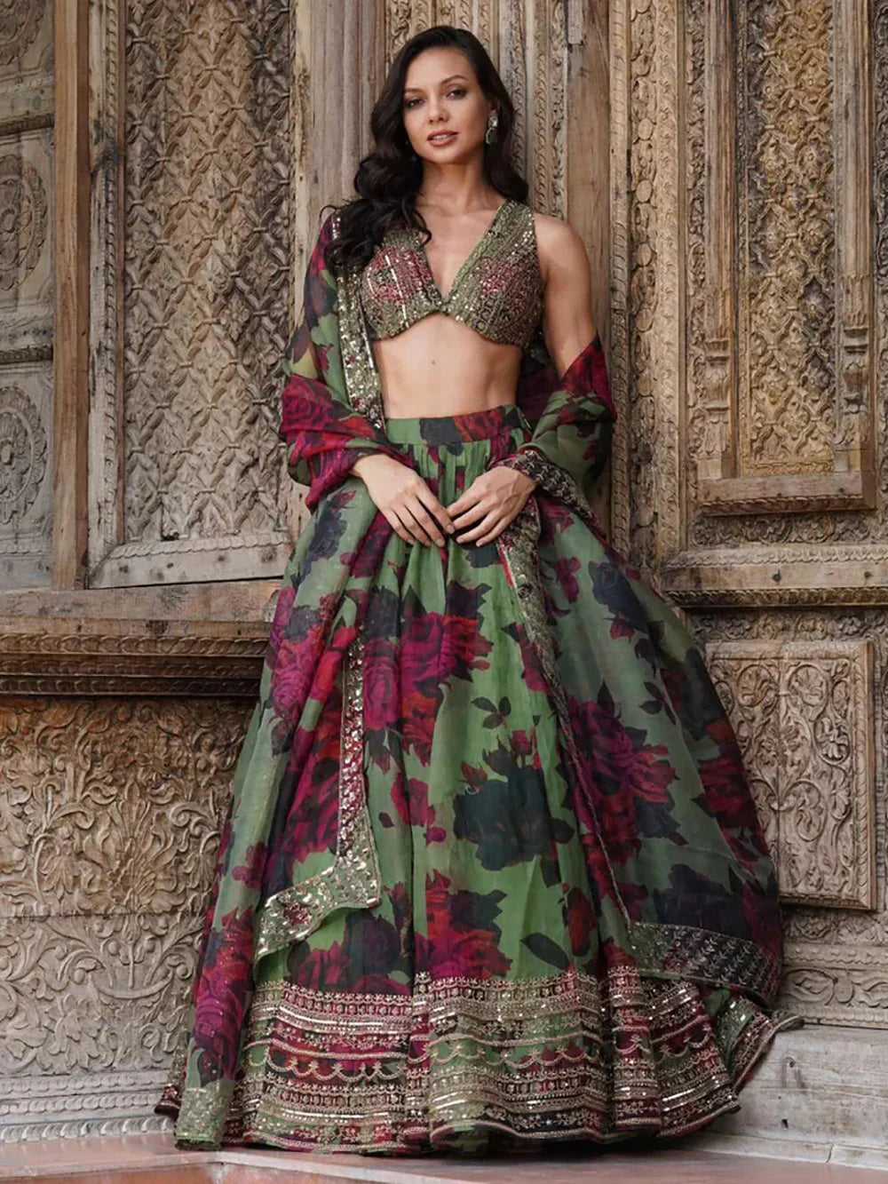 Green Tantalizing Floral Printed Organza Mehendi Wear Lehenga Choli for Women