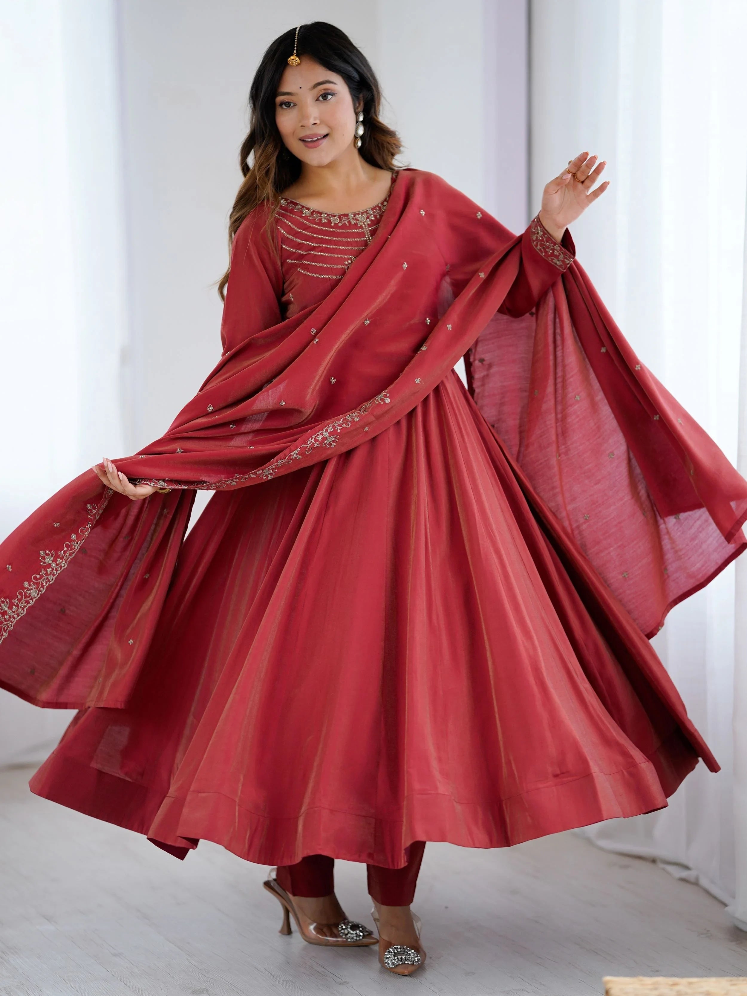 Maroon Chanderi Silk Embroidered Party Wear Anarkali Suit for Women