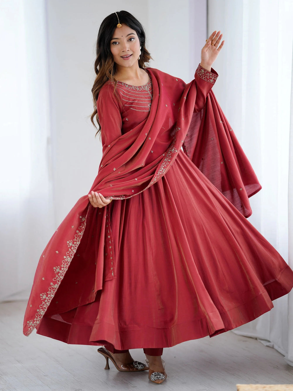 Maroon Chanderi Silk Embroidered Party Wear Anarkali Suit for Women