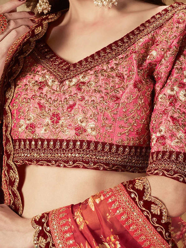 Maroon Floral Digital Printed Organza Bridal Lehenga Choli for Women