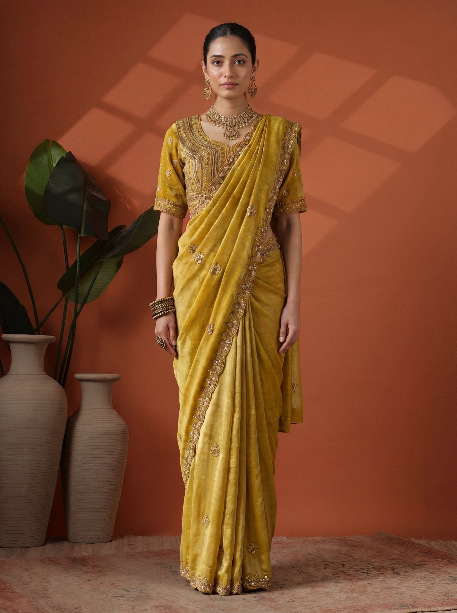 Luxury Mustard Gold Saree with Intricate Embroidery & Border - Zimonza
