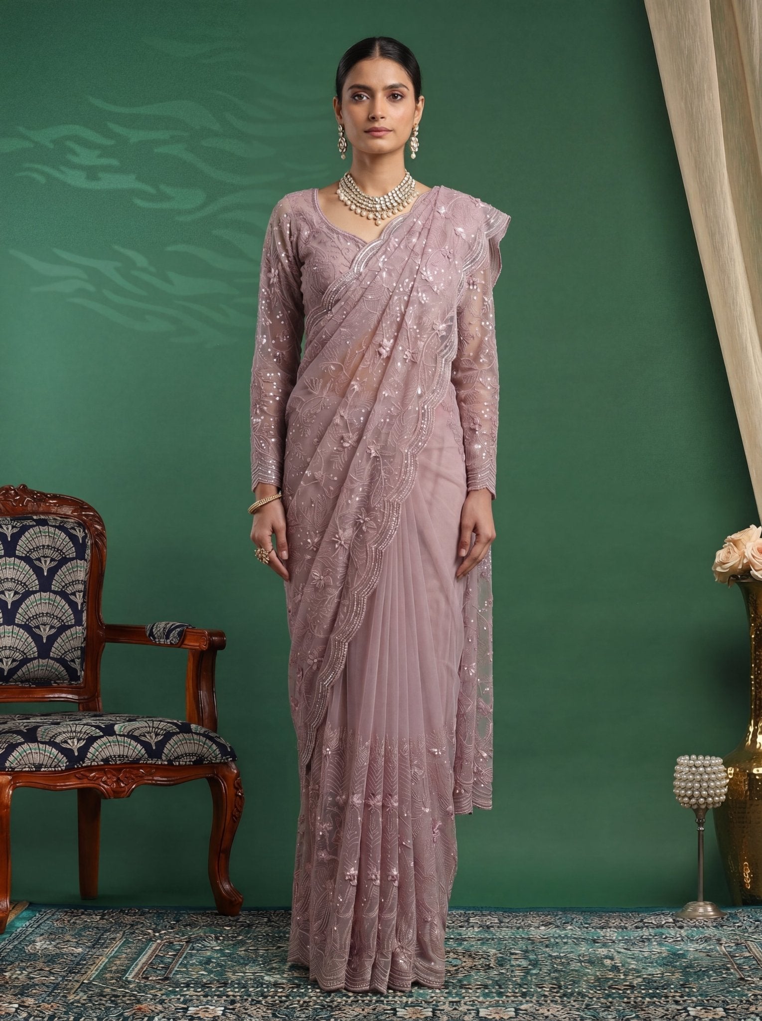 Elegant Mauve Pink Designer Saree with Intricate Embroidery & Scalloped Border - Zimonza