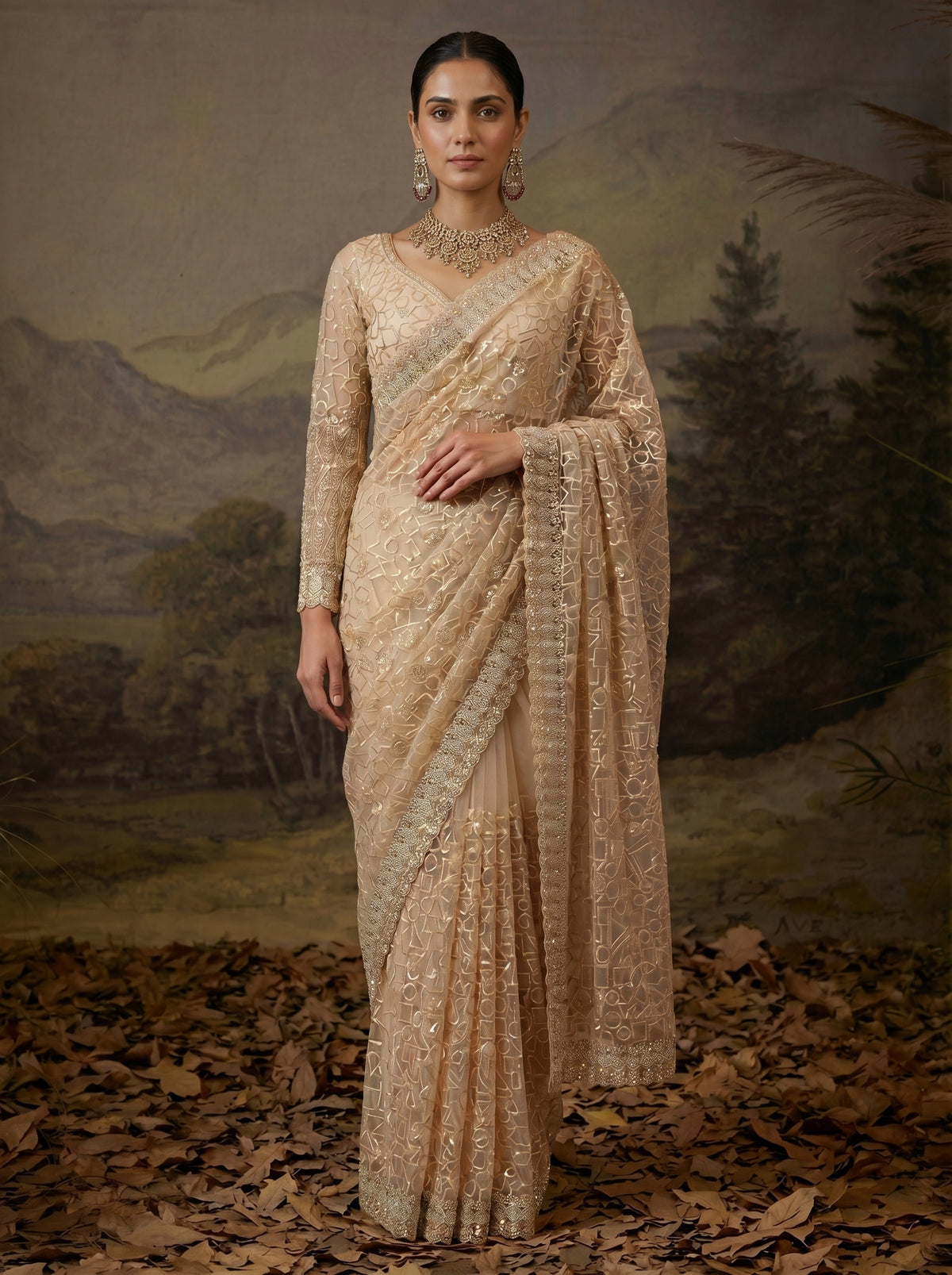Luxury Champagne Gold Designer Saree with Intricate Embroidery & Heavy Border