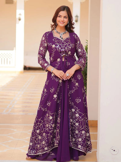 Chic Purple Thread Embroidered Palazzo Suit With Shrug for Women