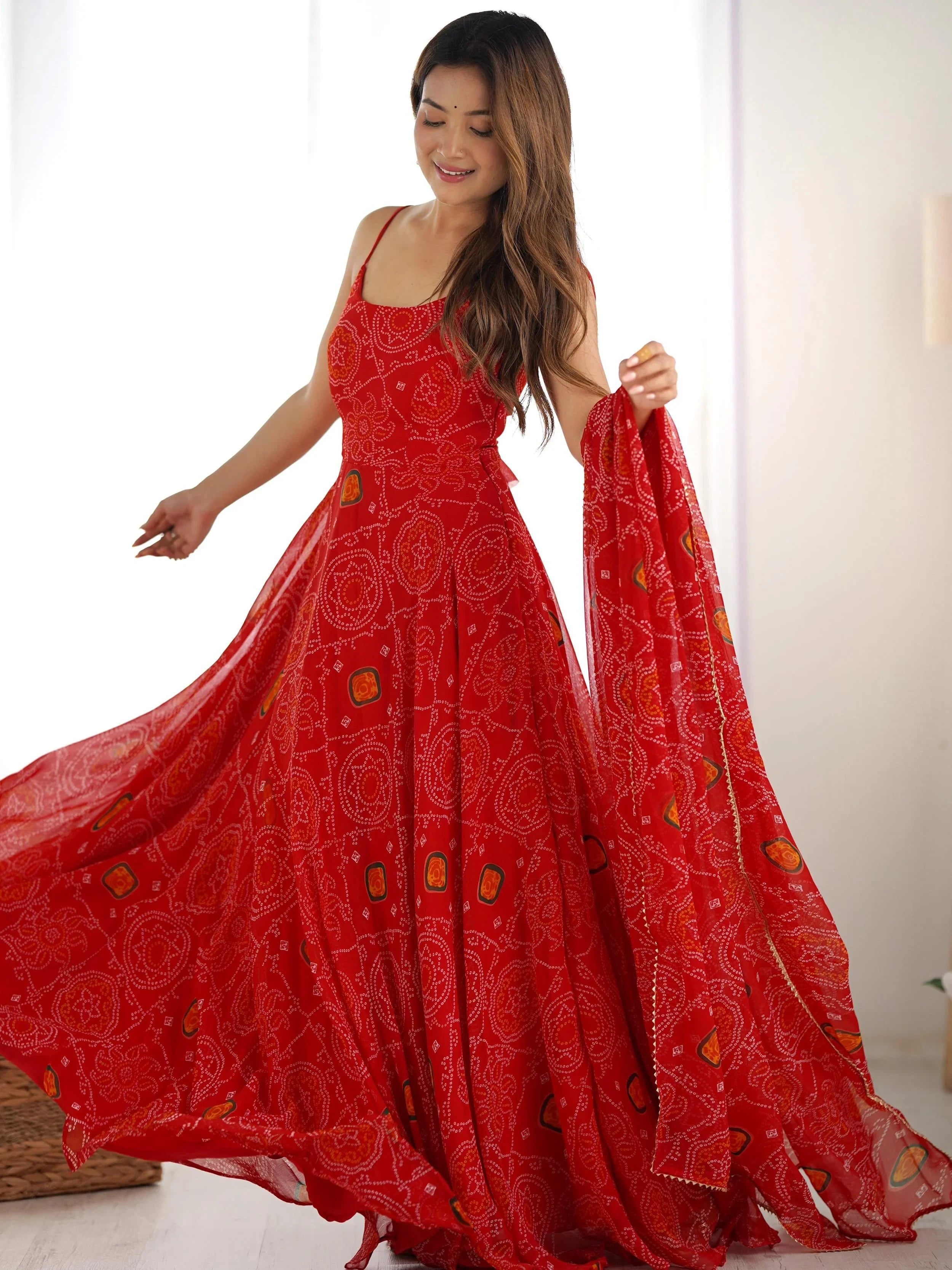 Red Bandhani Printed Chiffon Anarkali Gown With Dupatta for Women