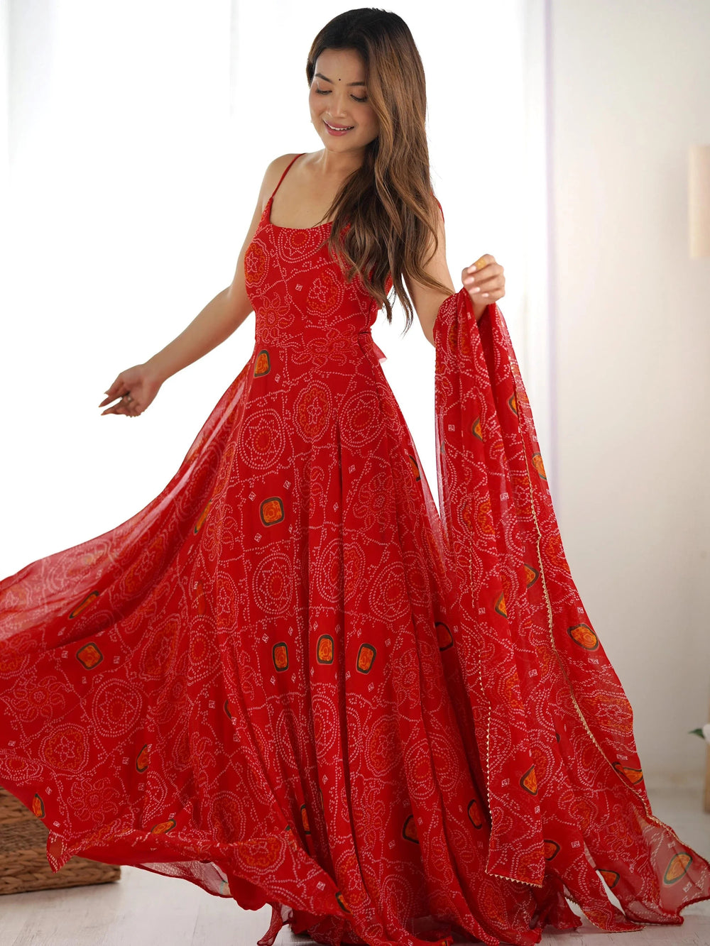 Red Bandhani Printed Chiffon Anarkali Gown With Dupatta for Women