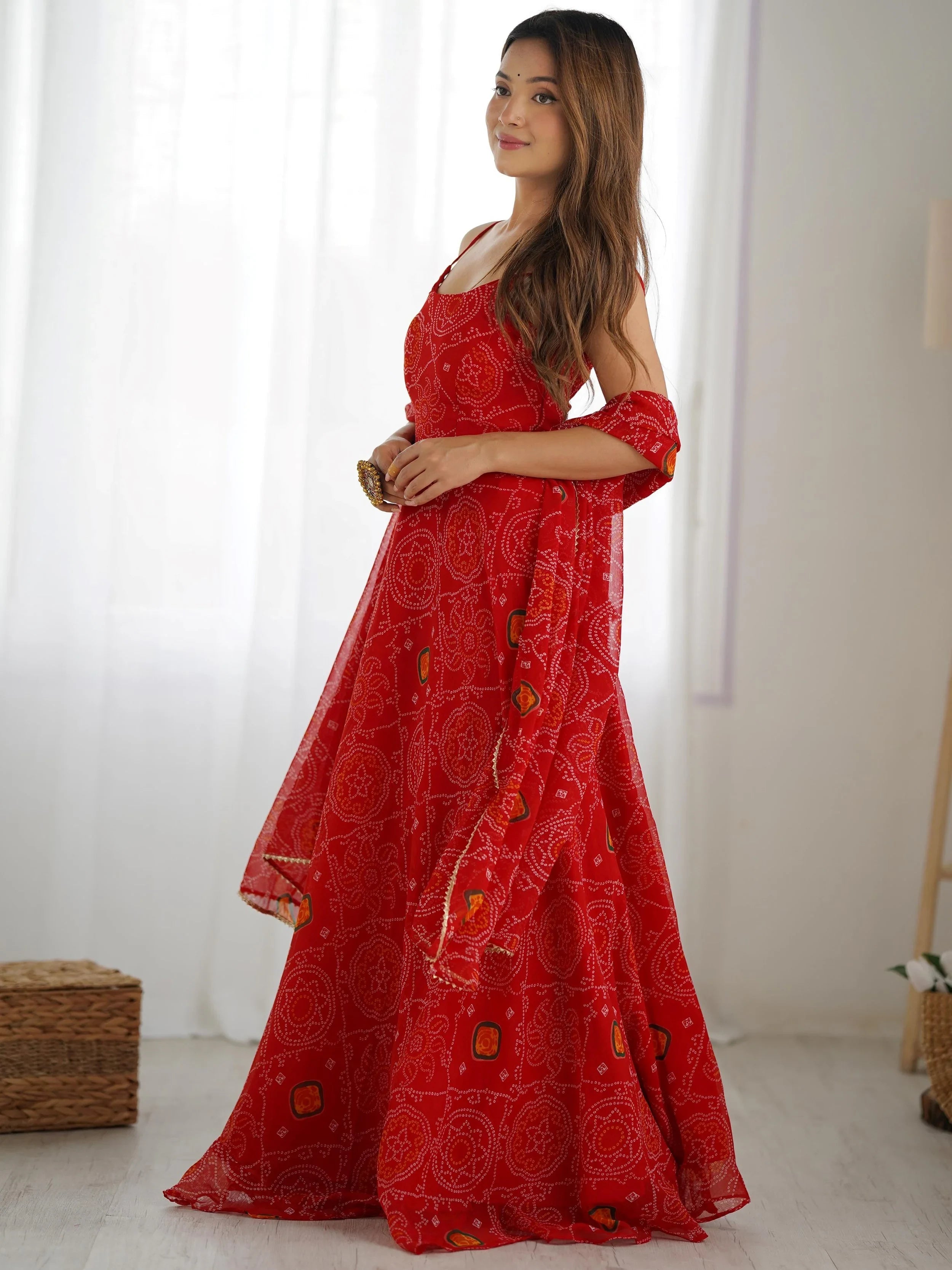 Red Bandhani Printed Chiffon Anarkali Gown With Dupatta for Women