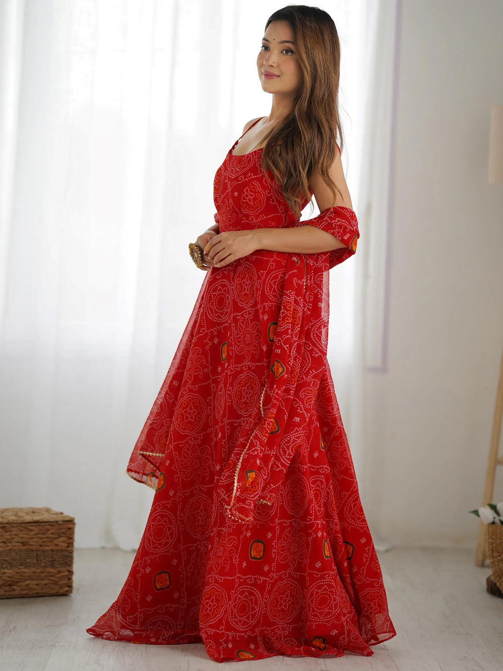 Red Bandhani Printed Chiffon Anarkali Gown With Dupatta for Women