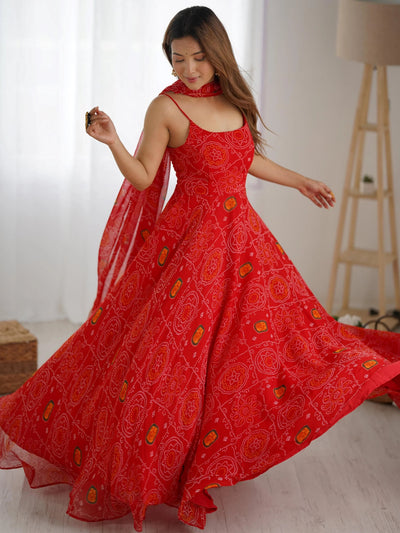 Red Bandhani Printed Chiffon Anarkali Gown With Dupatta for Women