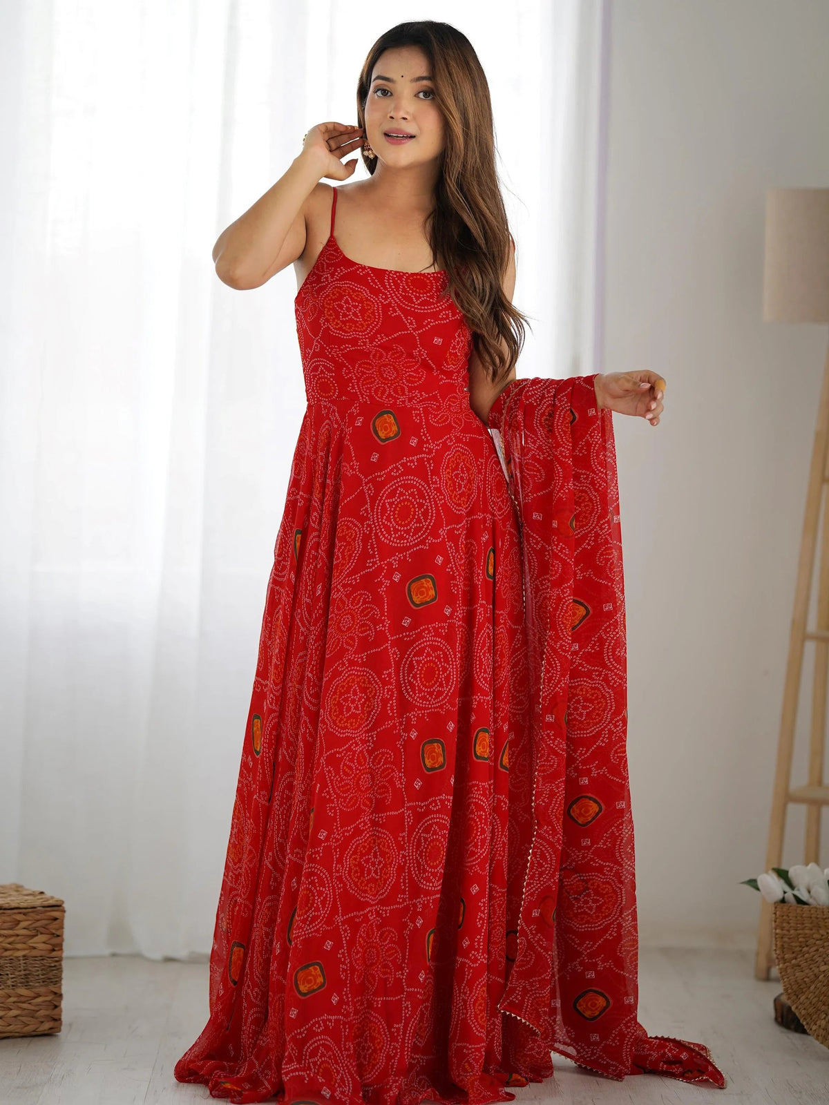 Red Bandhani Printed Chiffon Anarkali Gown With Dupatta for Women