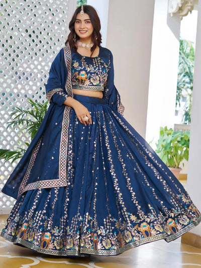 Blue Opulent Embroidered Vichitra Silk Wedding Wear Lehenga Choli for Women