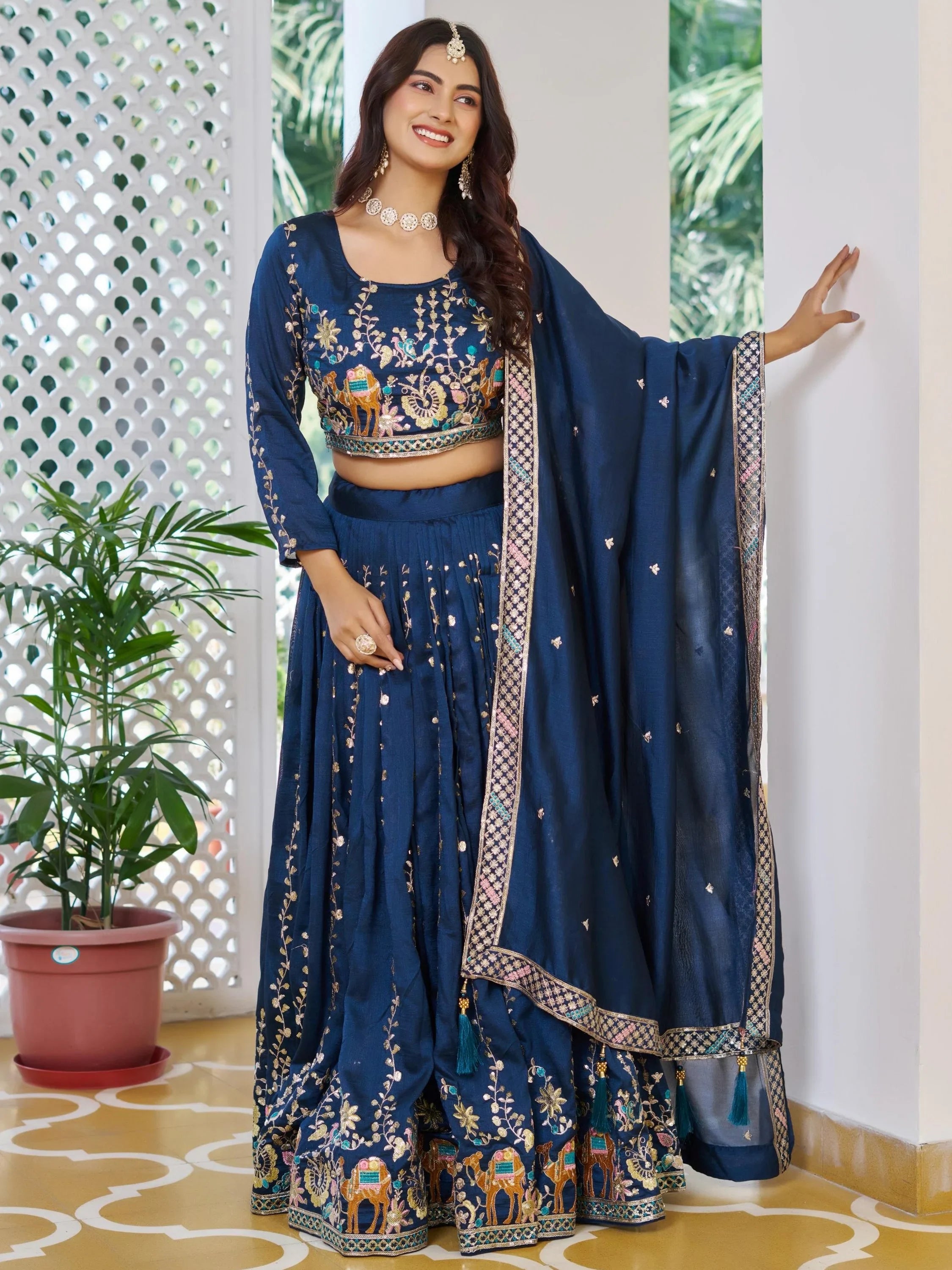 Blue Opulent Embroidered Vichitra Silk Wedding Wear Lehenga Choli for Women