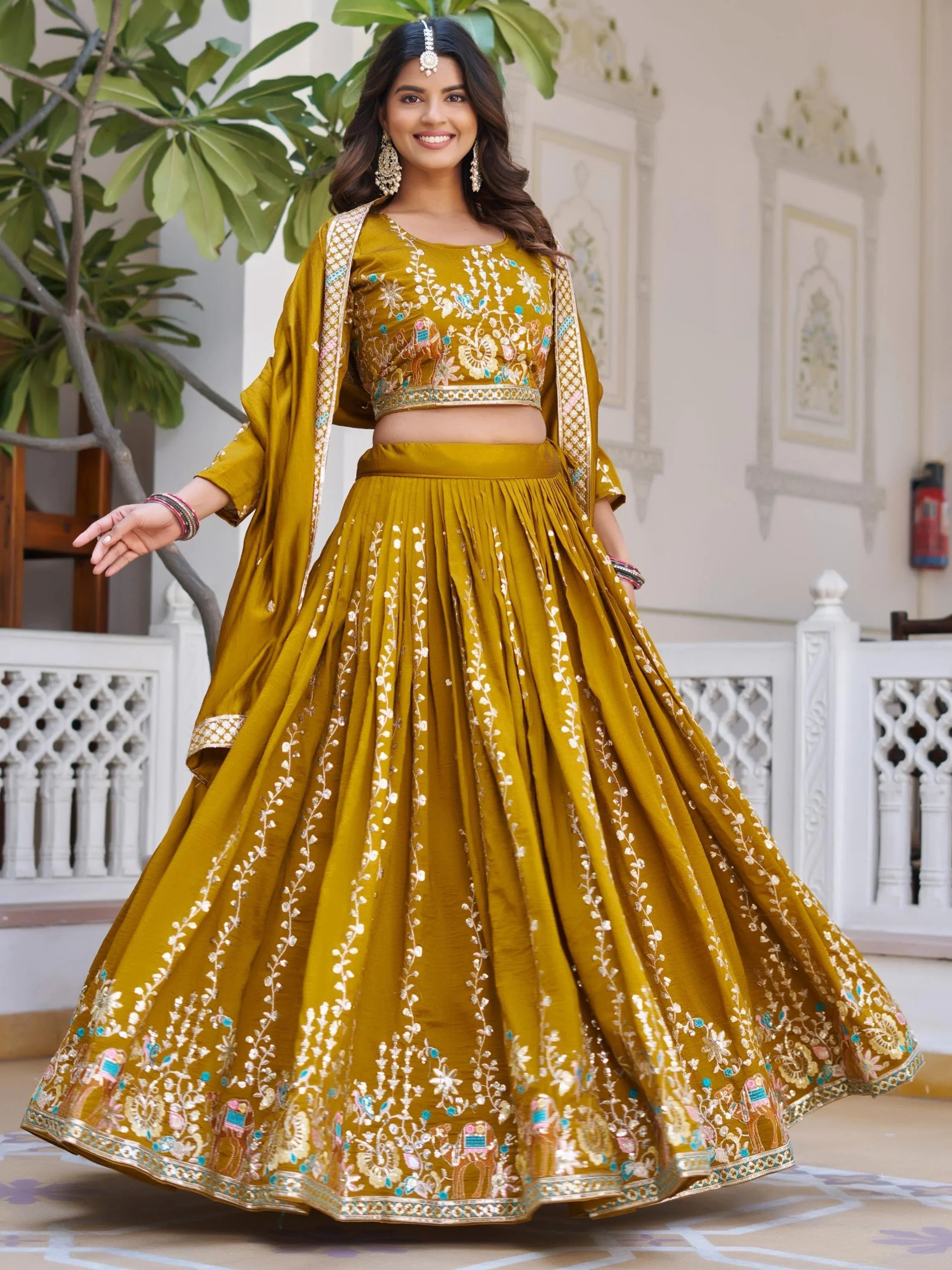Mustard Opulent Embroidered Vichitra Silk Wedding Wear Lehenga Choli for Women