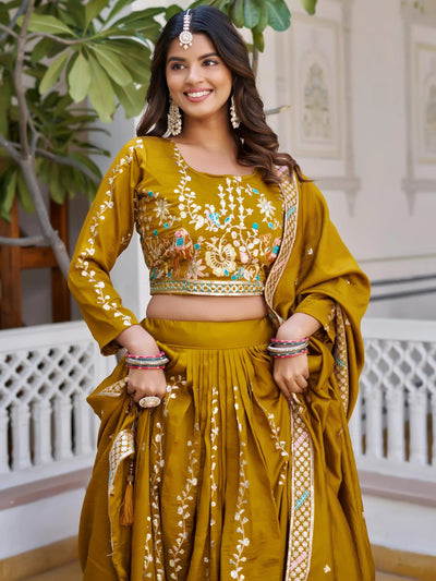 Mustard Opulent Embroidered Vichitra Silk Wedding Wear Lehenga Choli for Women