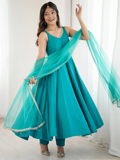 Green Lace Work Silk Festive Wear Anarkali Suit for Women