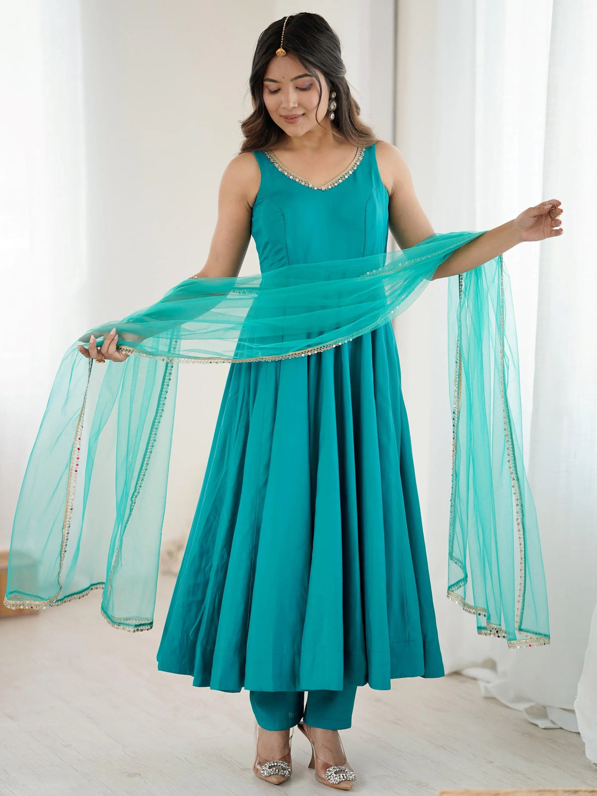 Green Lace Work Silk Festive Wear Anarkali Suit for Women