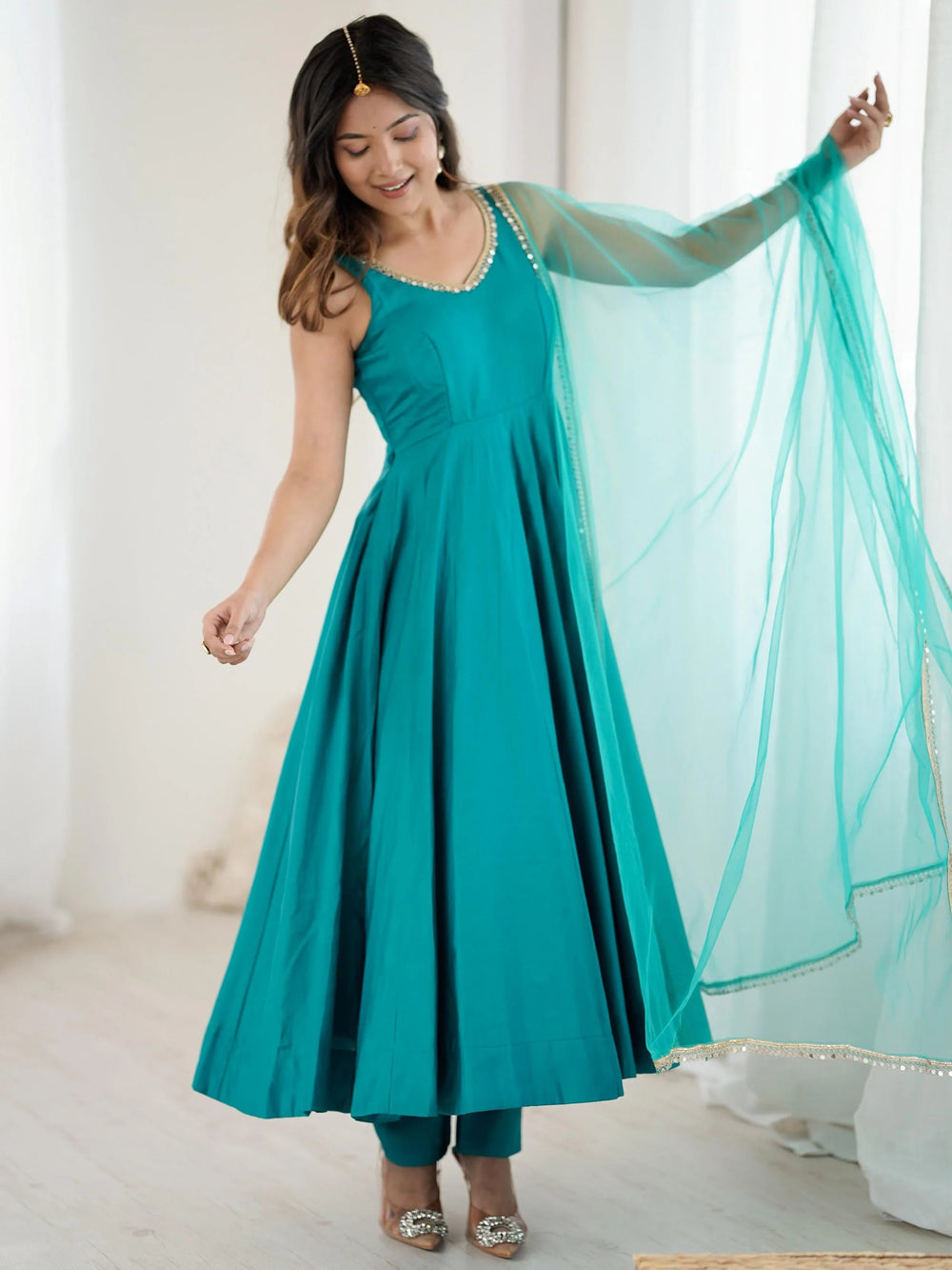 Green Lace Work Silk Festive Wear Anarkali Suit for Women
