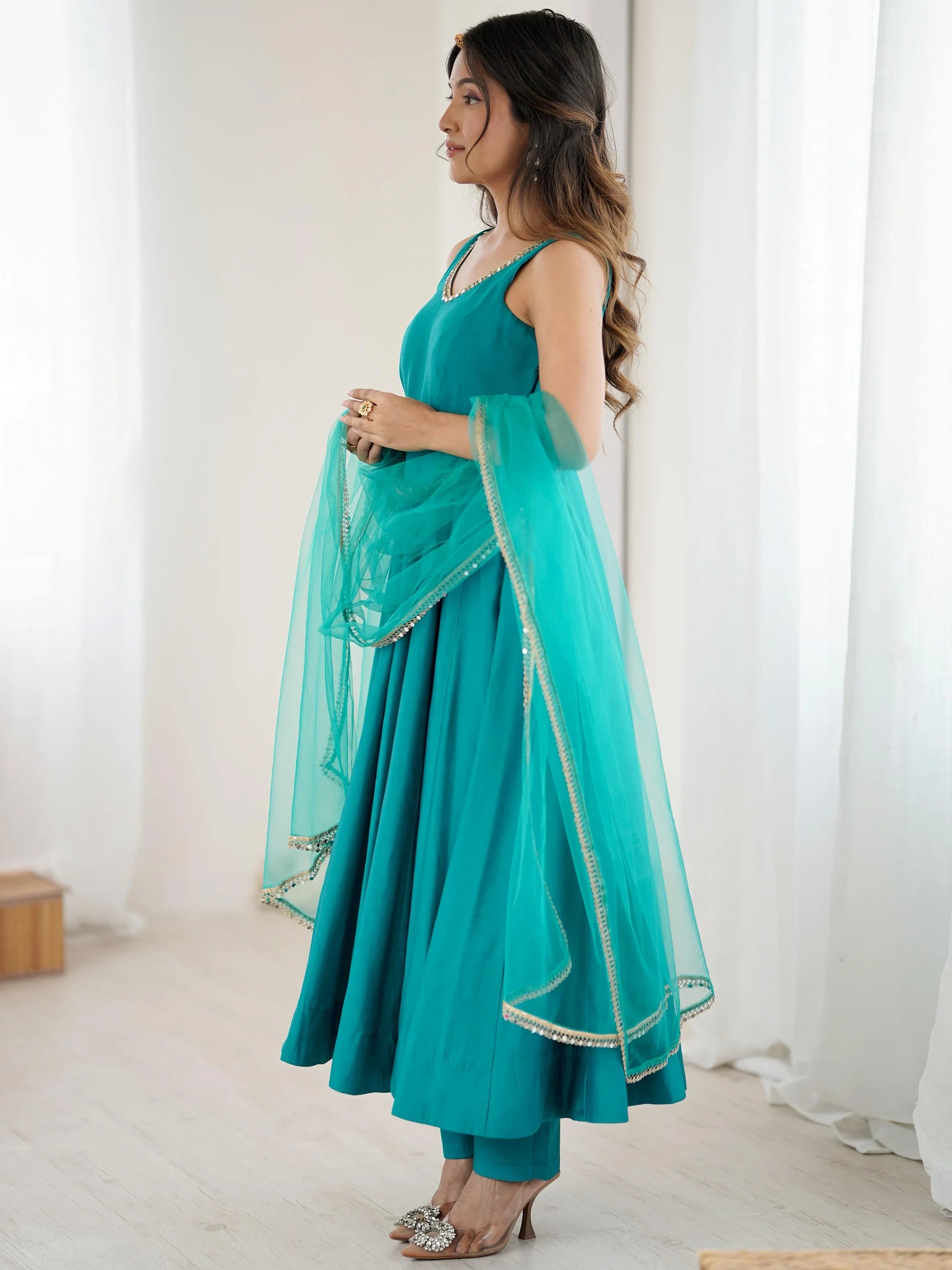 Green Lace Work Silk Festive Wear Anarkali Suit for Women