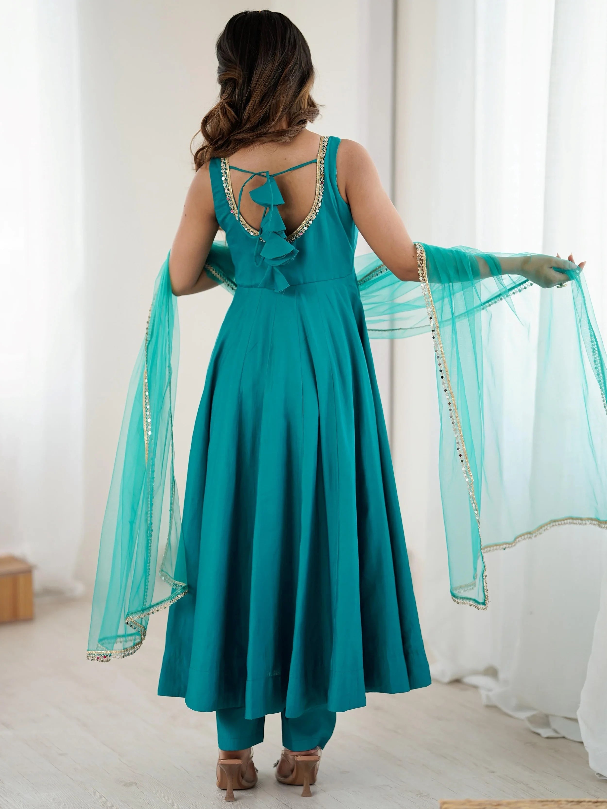 Green Lace Work Silk Festive Wear Anarkali Suit for Women