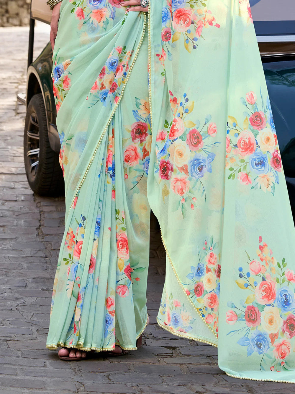 Pista Green Crepe Floral Printed Traditional Saree With Blouse