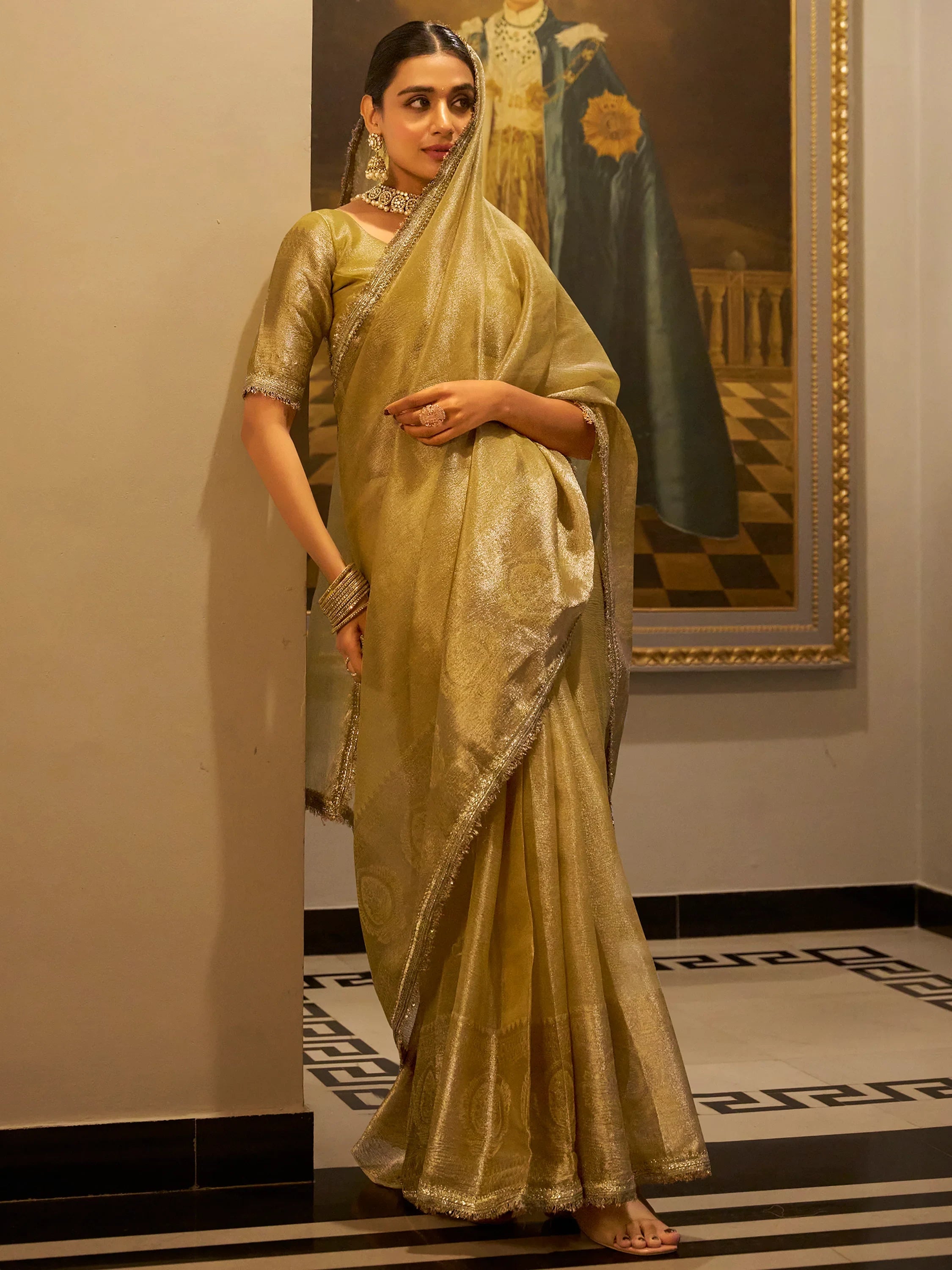 Golden Tissue Silk Zari Weaving Traditional Saree With Blouse