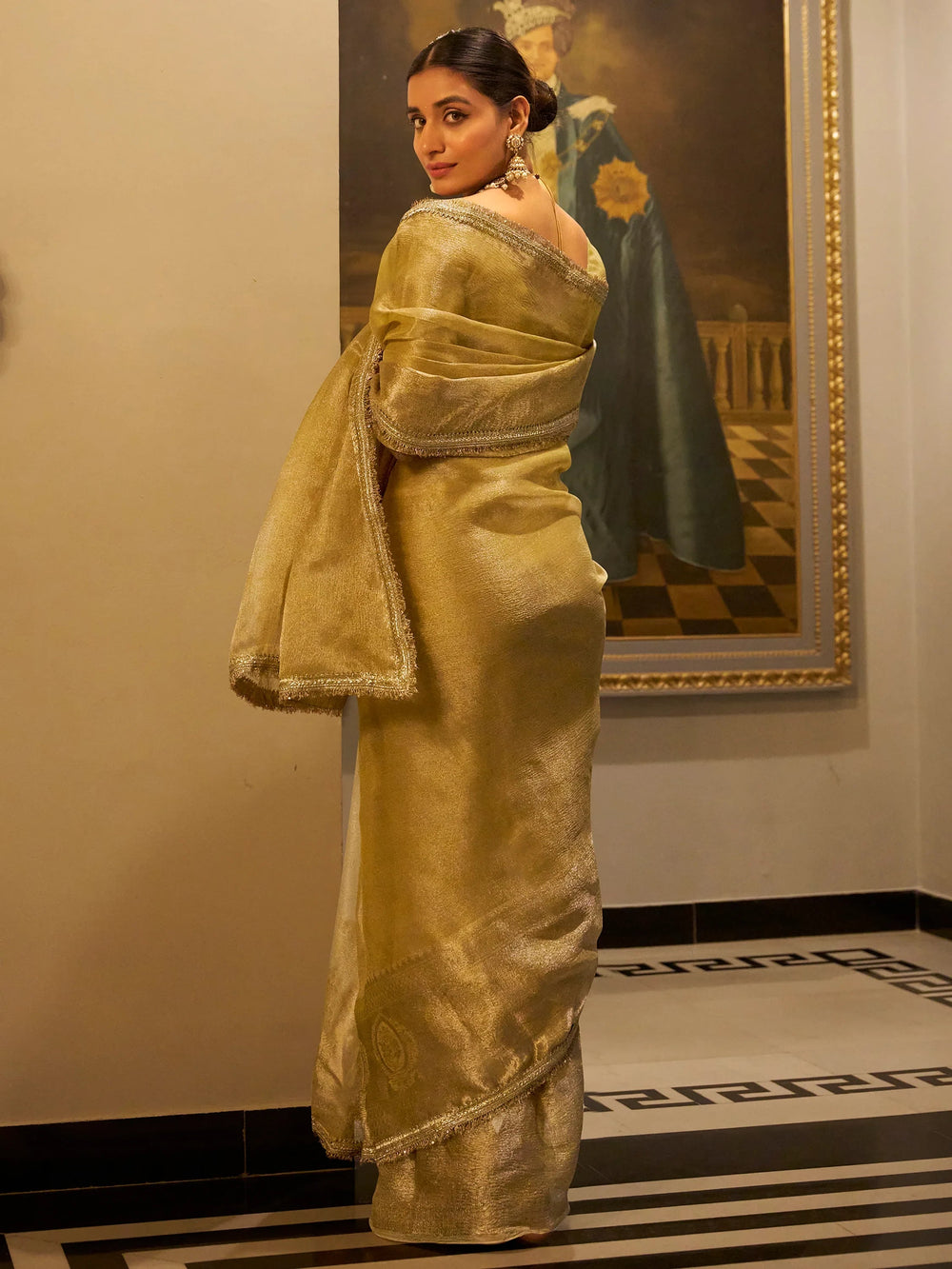 Golden Tissue Silk Zari Weaving Traditional Saree With Blouse
