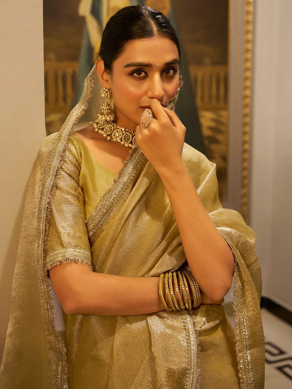 Golden Tissue Silk Zari Weaving Traditional Saree With Blouse