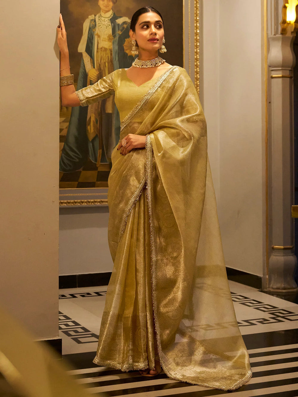Golden Tissue Silk Zari Weaving Traditional Saree With Blouse