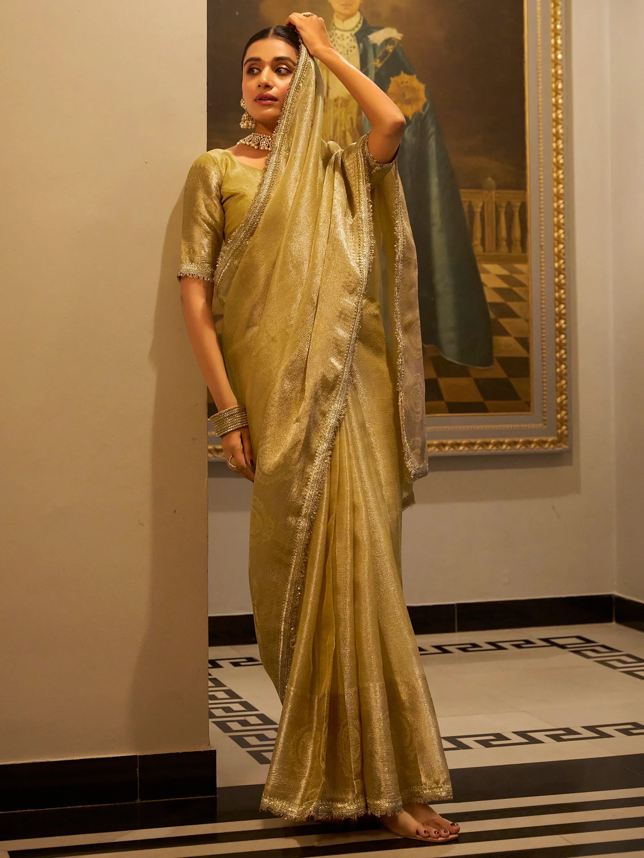 Golden Tissue Silk Zari Weaving Traditional Saree With Blouse