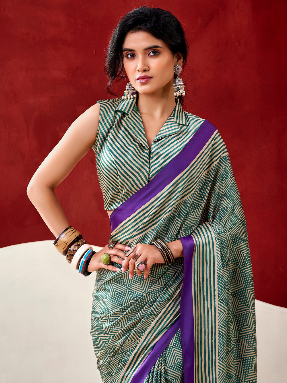 Bottle Green Satin Digital Printed Casual Wear Saree With Blouse
