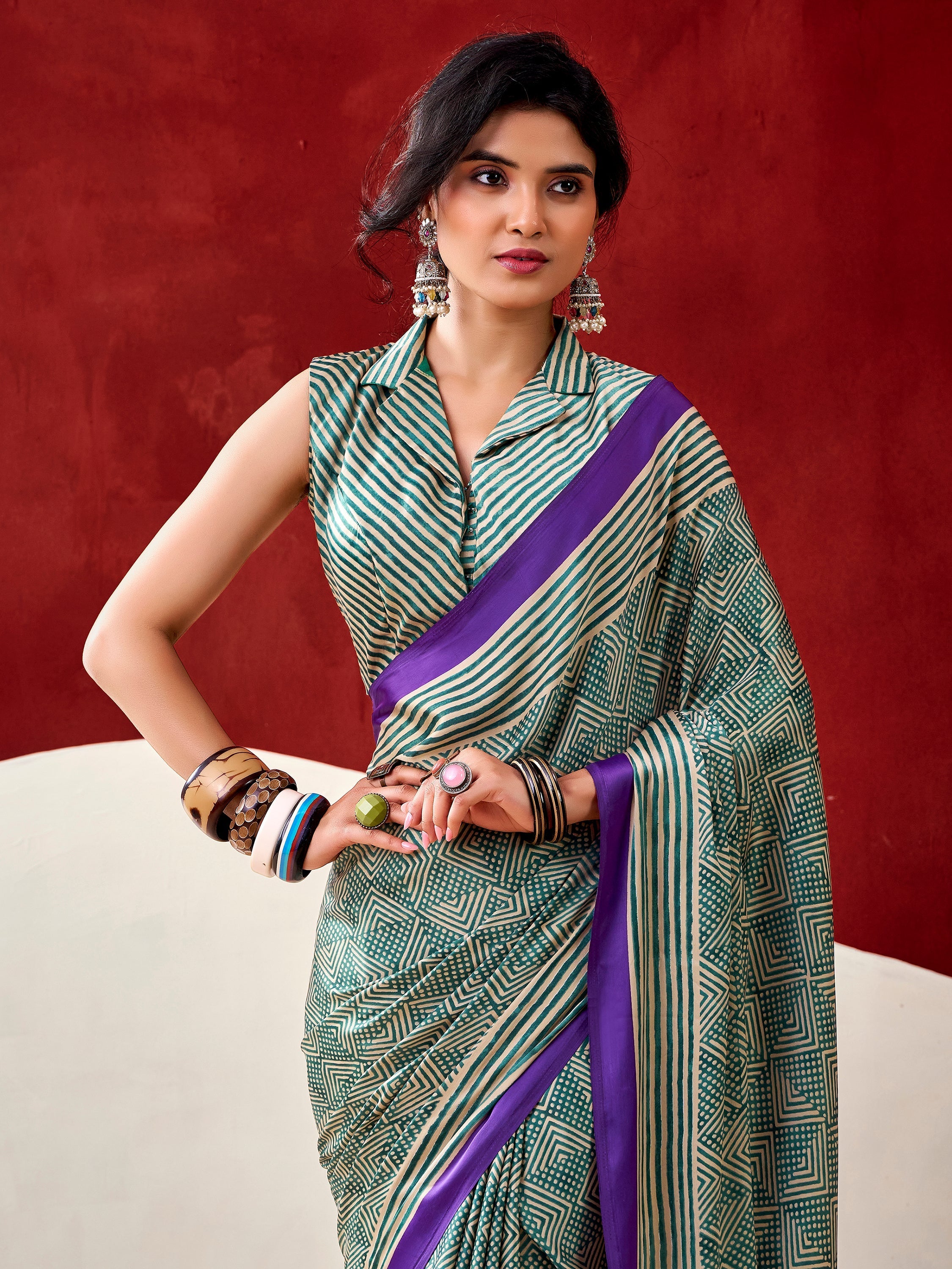 Bottle Green Satin Digital Printed Casual Wear Saree With Blouse