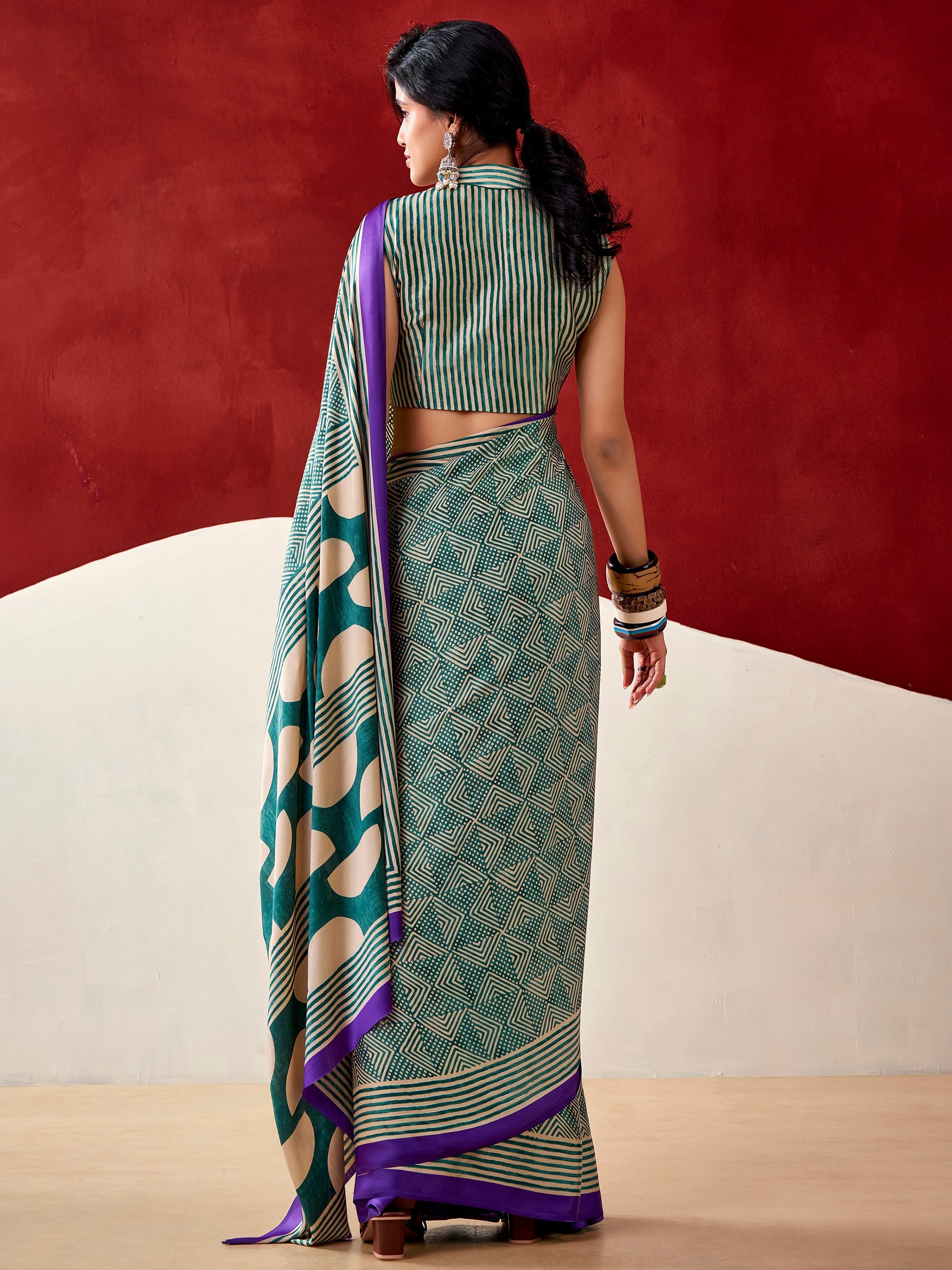 Bottle Green Satin Digital Printed Casual Wear Saree With Blouse