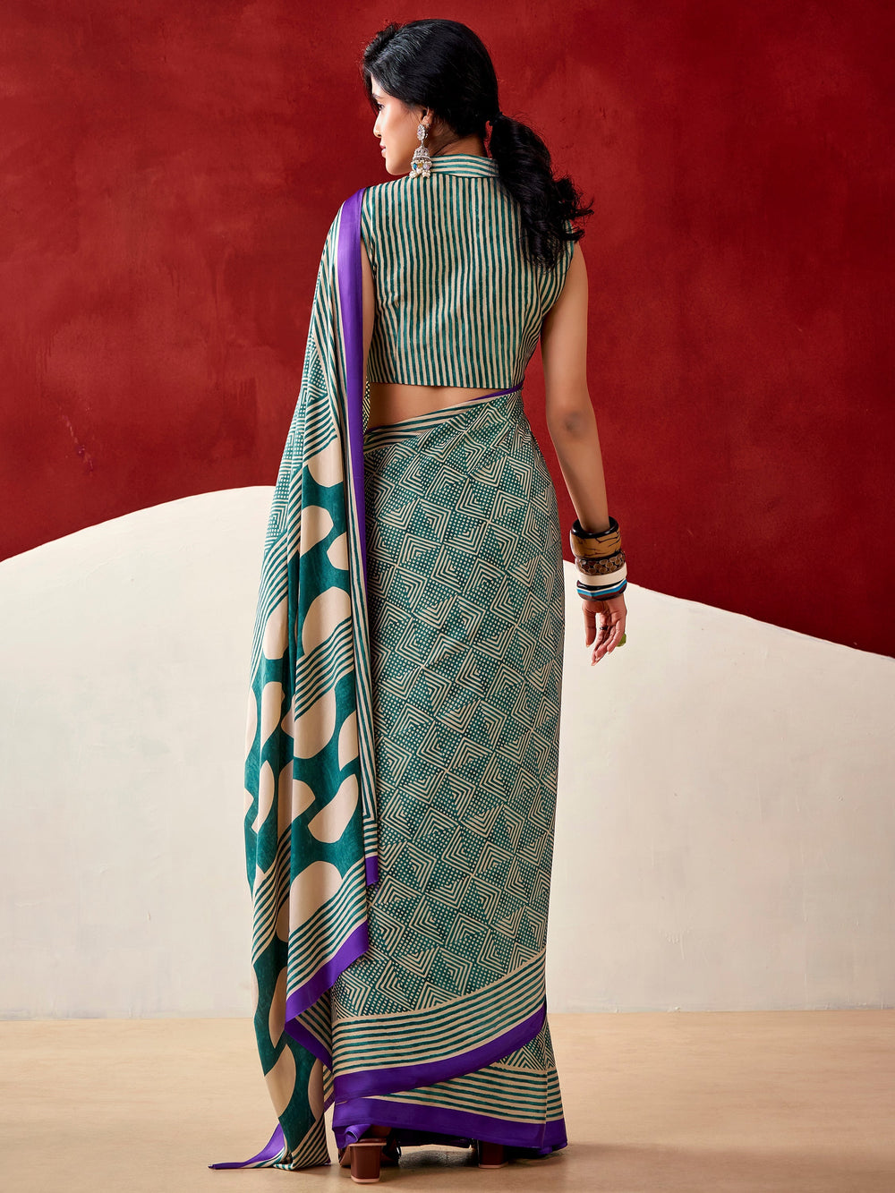 Bottle Green Satin Digital Printed Casual Wear Saree With Blouse