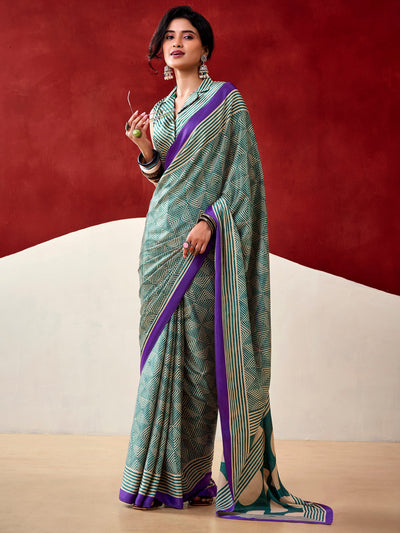 Bottle Green Satin Digital Printed Casual Wear Saree With Blouse