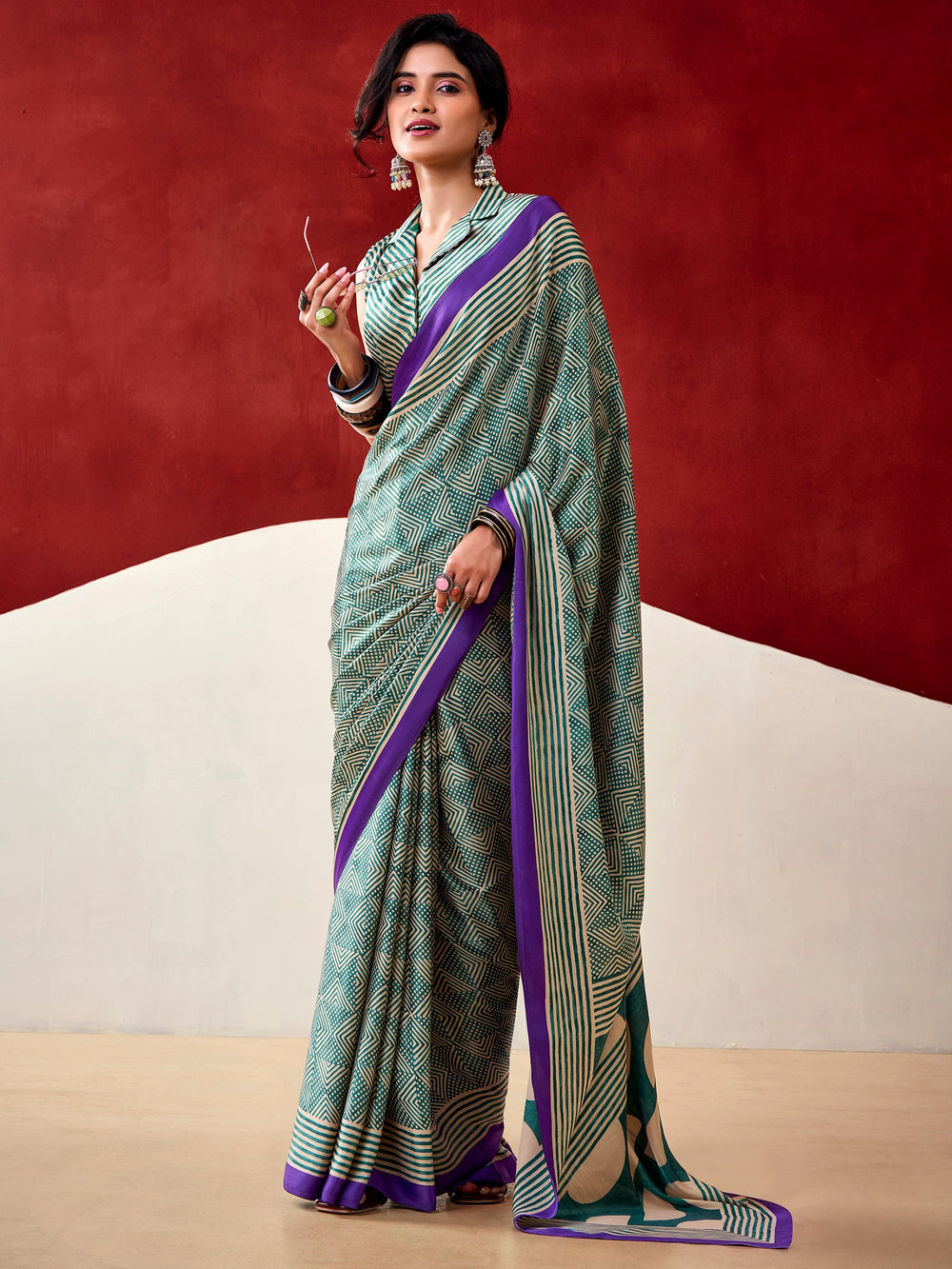 Bottle Green Satin Digital Printed Casual Wear Saree With Blouse
