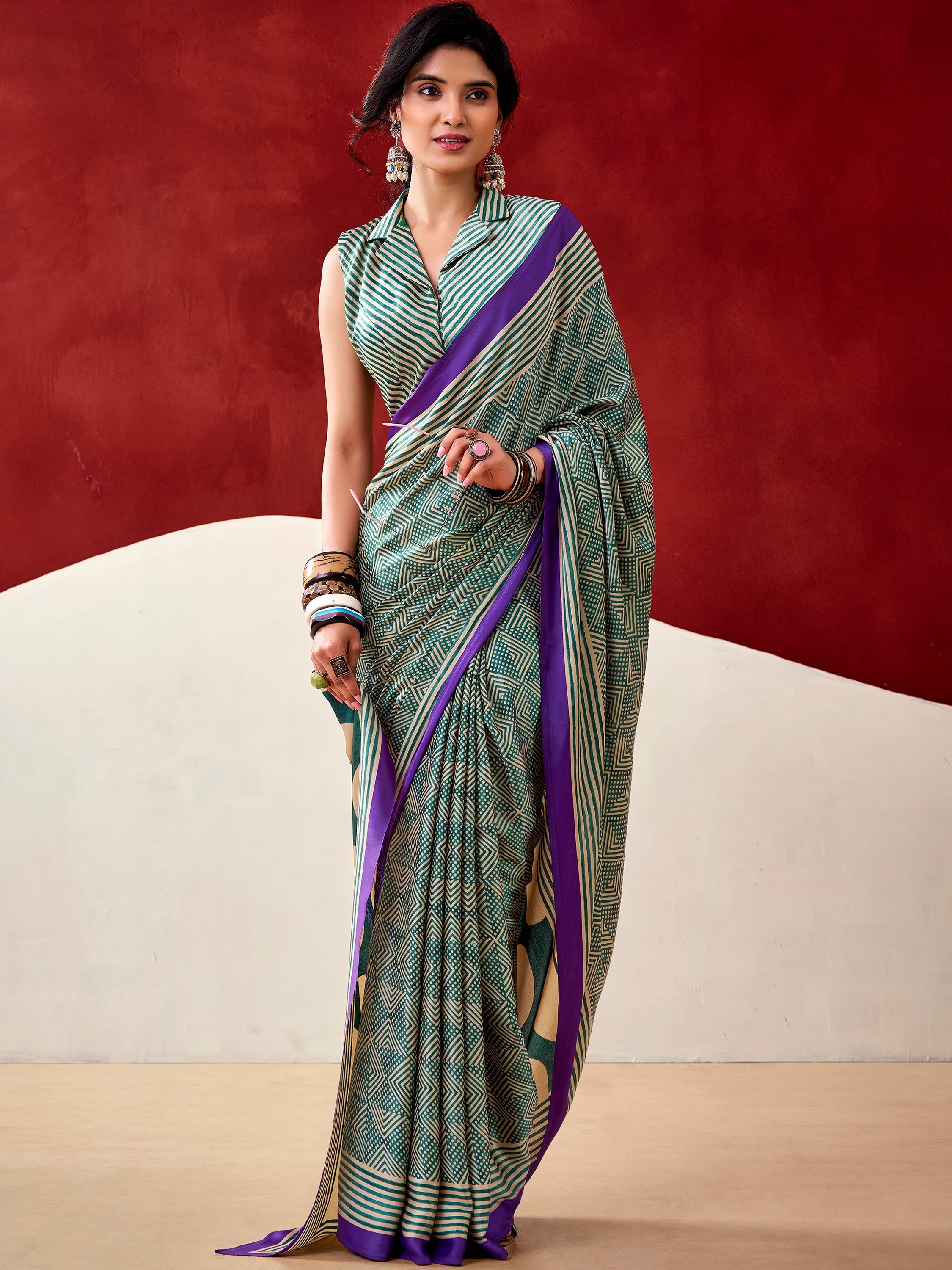Bottle Green Satin Digital Printed Casual Wear Saree With Blouse