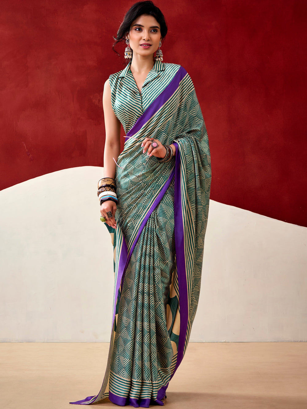 Bottle Green Satin Digital Printed Casual Wear Saree With Blouse