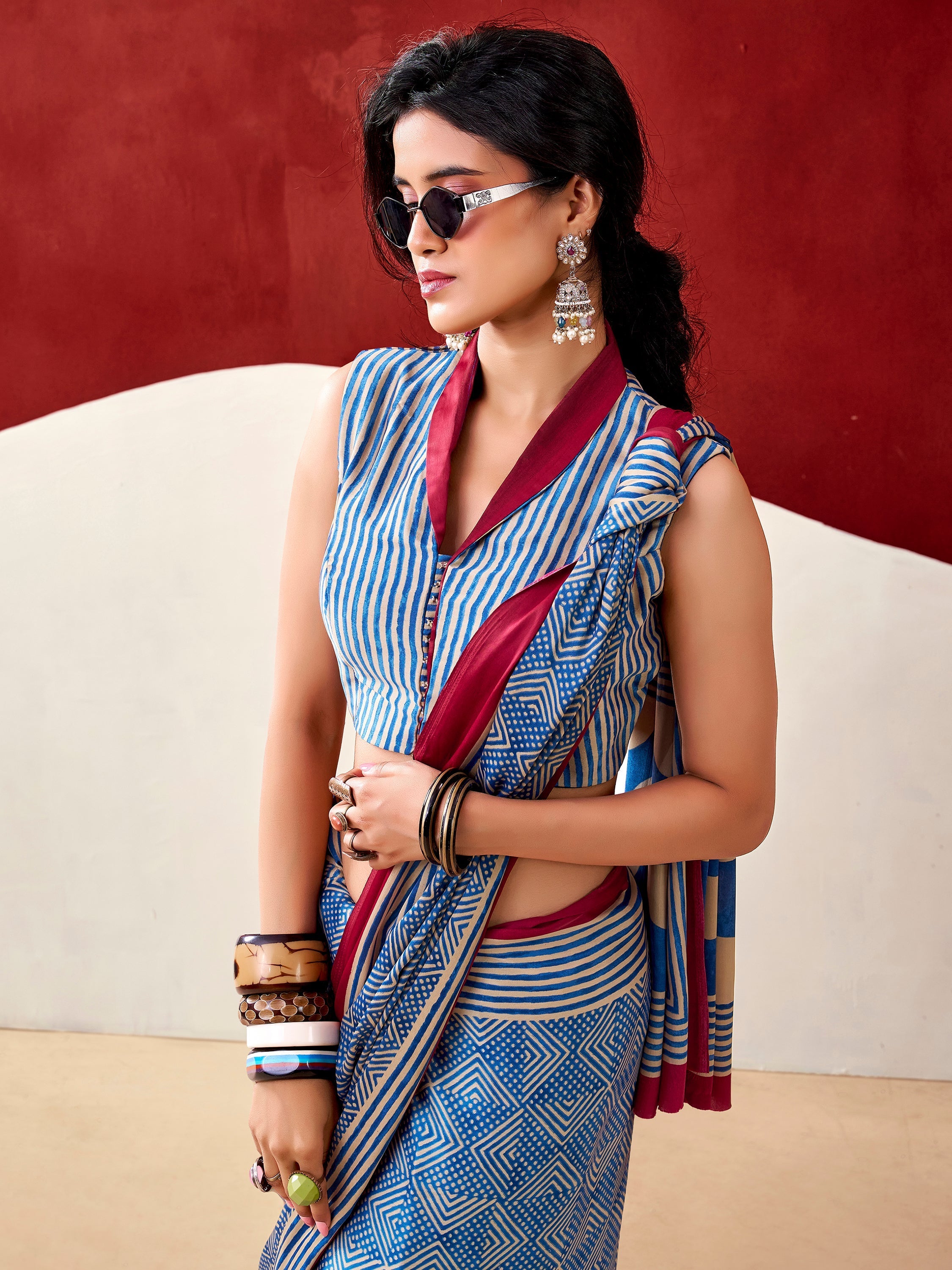Blue Satin Digital Printed Office Wear Saree With Blouse