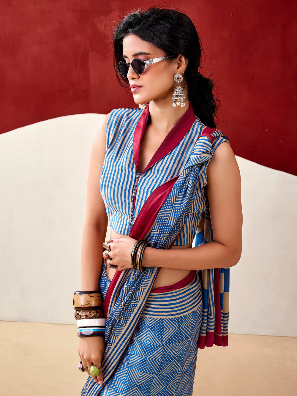 Blue Satin Digital Printed Office Wear Saree With Blouse