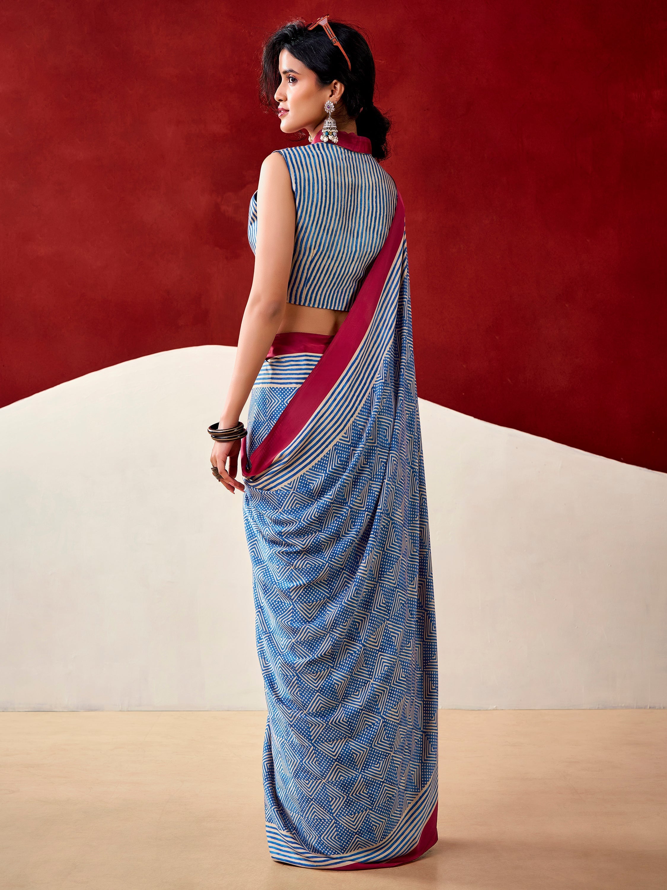 Blue Satin Digital Printed Office Wear Saree With Blouse