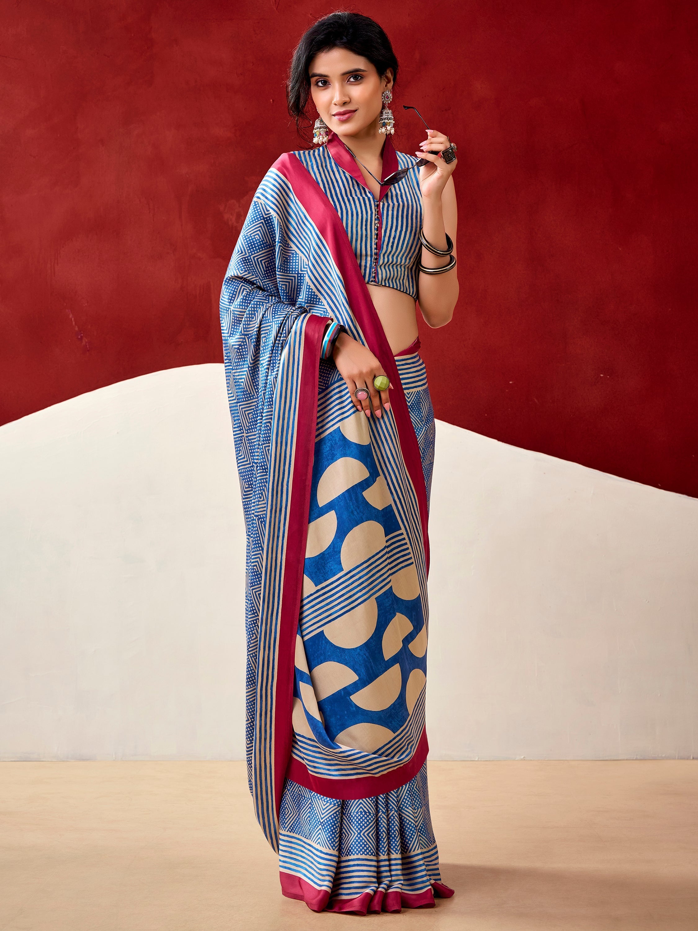 Blue Satin Digital Printed Office Wear Saree With Blouse