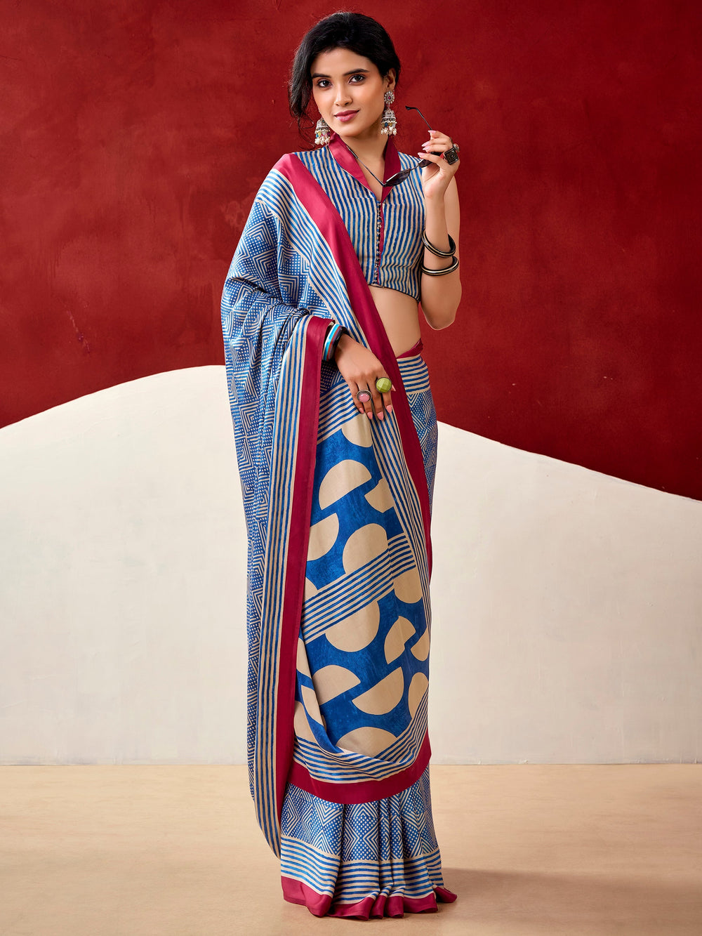 Blue Satin Digital Printed Office Wear Saree With Blouse