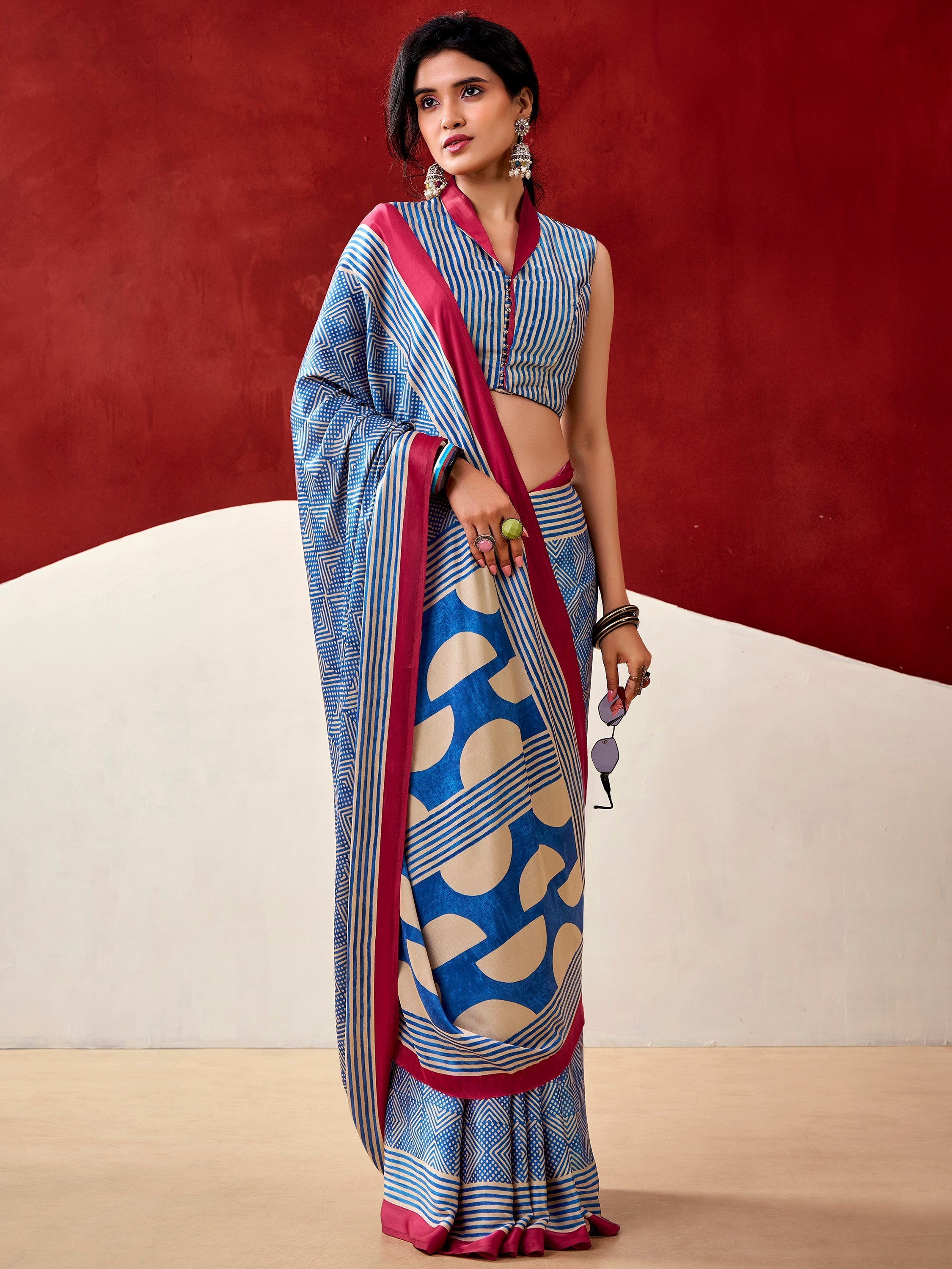 Blue Satin Digital Printed Office Wear Saree With Blouse