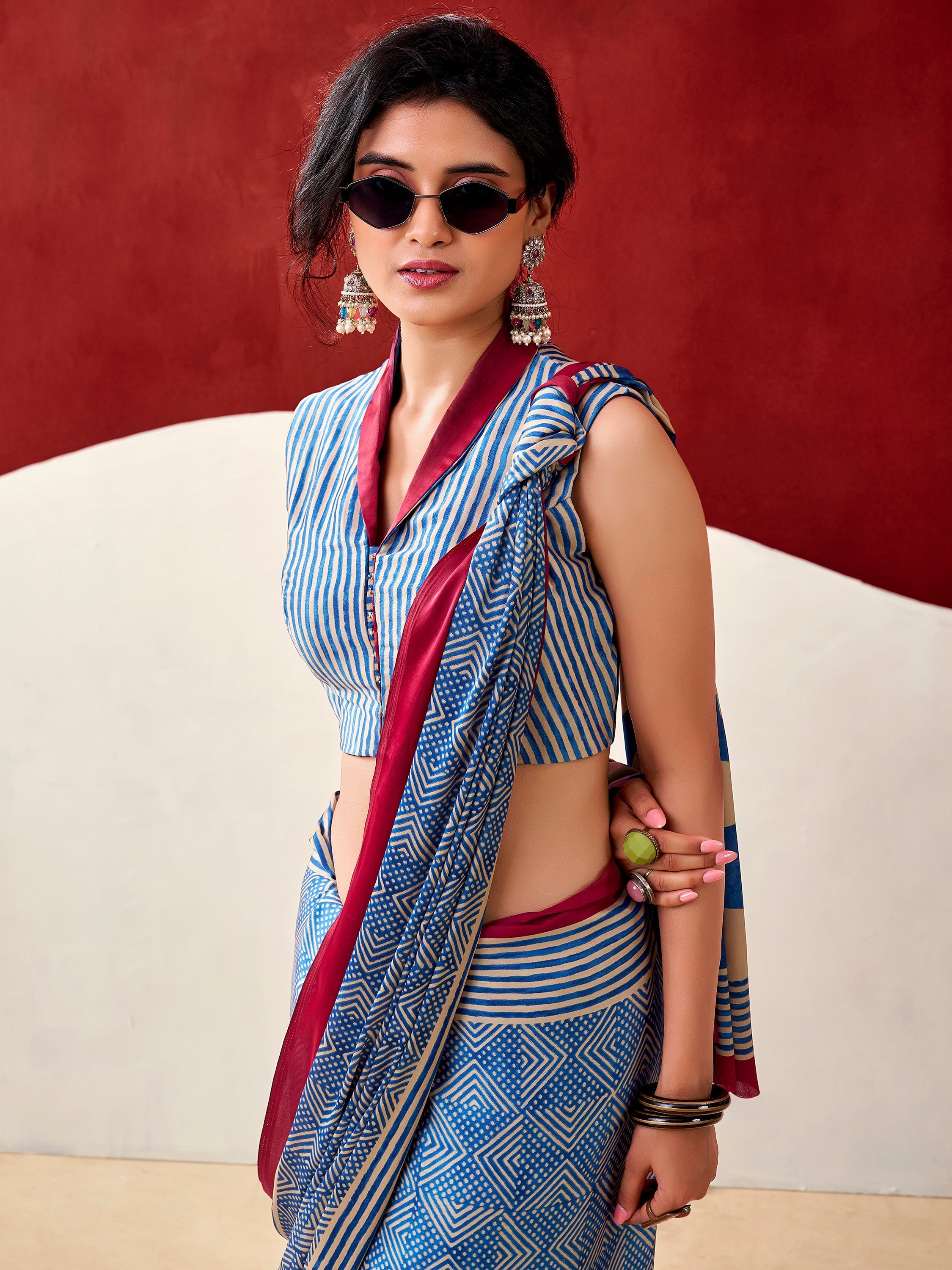 Blue Satin Digital Printed Office Wear Saree With Blouse